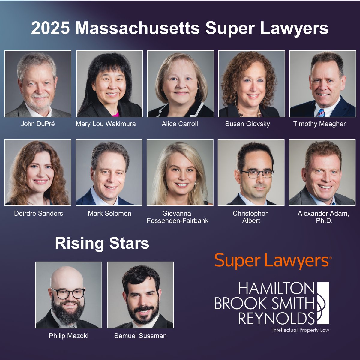 Hamilton Brook Smith Reynolds is pleased to announce that 12 of its attorneys have been recognized in the 2025 Massachusetts Super Lawyers and Rising Stars lists. lnkd.in/e9sz2eRj