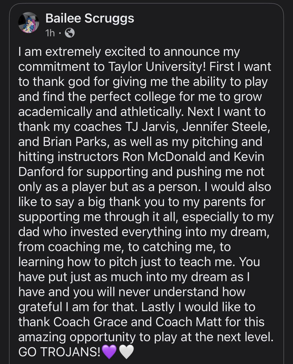 Congrats Bailee Scruggs on your commitment to Taylor University!!!
<a href="/B_Scruggs26/">Bailee Scruggs</a> 
<a href="/DemandCommand/">Demand Command</a> 
<a href="/TUCoachGrace/">Grace Glidewell</a> 
<a href="/TUSBCoachMatt/">Coach Matt Glidewell</a> 
<a href="/TaylorUSoftball/">Taylor University Softball</a>