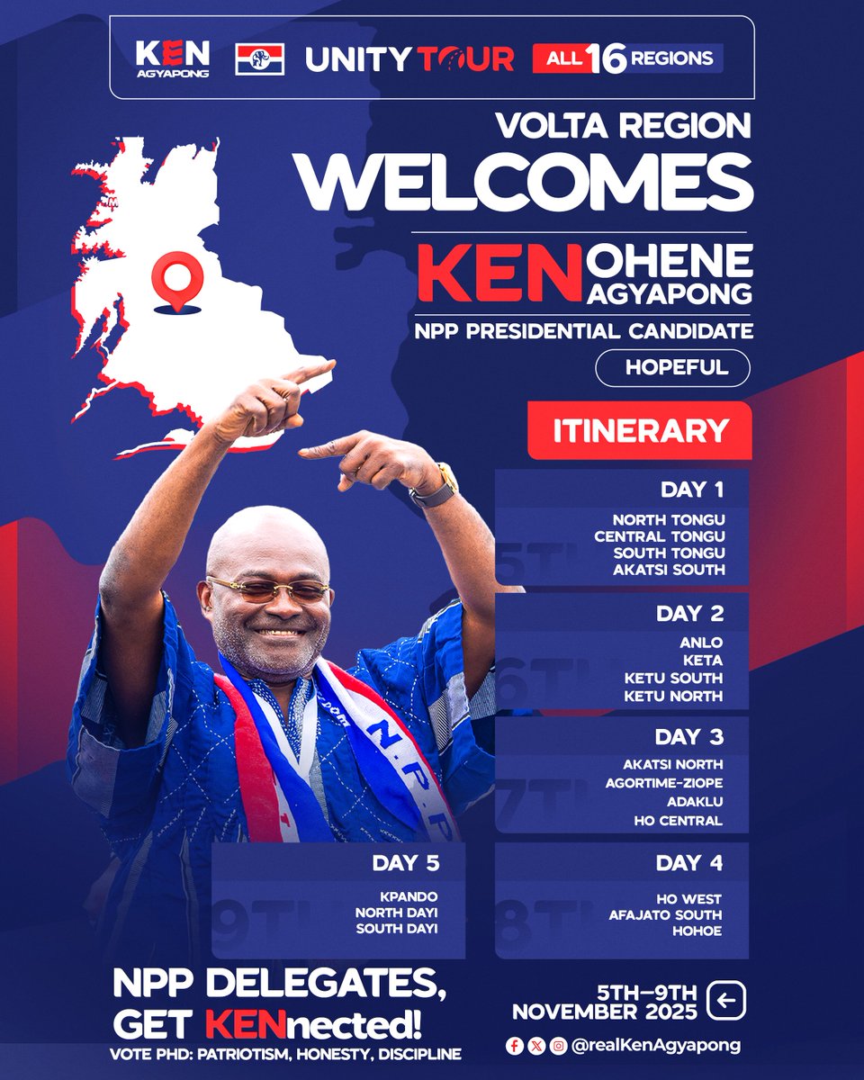 realKenAgyapong's tweet photo. The Unity Tour continues and this time, we’re heading to the Volta Region! 

From North Tongu to Hohoe, from Anlo to Kpando, I’m coming to meet our hardworking NPP delegates, our grassroots leaders and the people who keep the Elephant family strong. 🐘

Let’s talk unity, purpose and the future of our great party. Together, we can build the Ghana we all dream of through production, honesty and hard work.

📅 Volta Region Unity Tour
🗓 5th – 9th November 2025

NPP Delegates, it’s time to get KENnected! 

#Ken2028
#UnityTour
#GetKENnected
#VoteNumber1