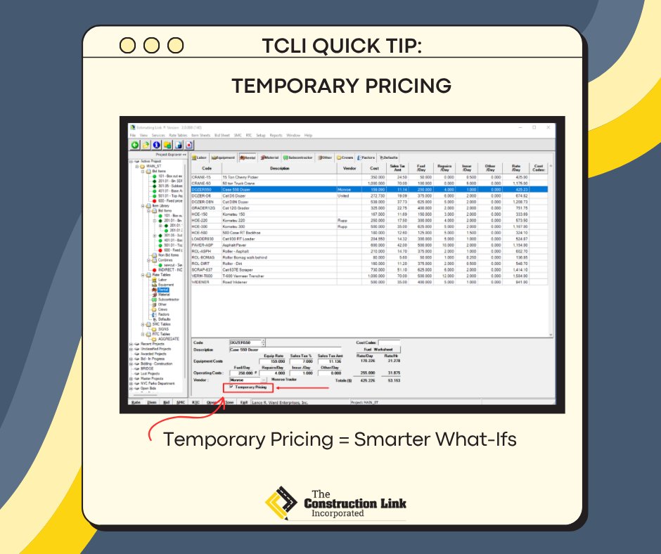 TCLI_Software's tweet image. Need to test out “what-if” scenarios?

With Estimating Link’s Temporary Pricing, you can adjust costs in your estimate without permanently changing your database. A safe way to explore options and keep your numbers flexible.
