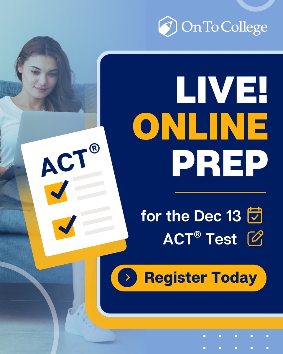OnToCollege's tweet image. 🎯 Get ready to ace your ACT®!
Join our Live! Online Prep for the December 13 ACT® Test and learn proven strategies from expert teachers to boost your score and confidence.

Register today: ontocollege.com/product/otc-li…

#ACTPrep #ACTTest #OnToCollege #TestPrep #CollegeReady