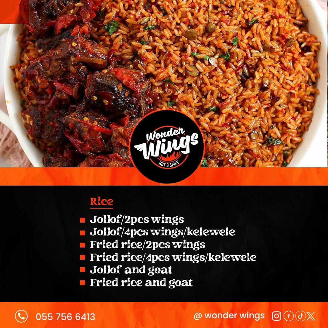 skmensah100's tweet image. Hands up for @WonderWingsGh&apos;s new menu! 🔥 Jollof &amp;amp; Wings, can&apos;t resist!  #WonderWingsWoKrom