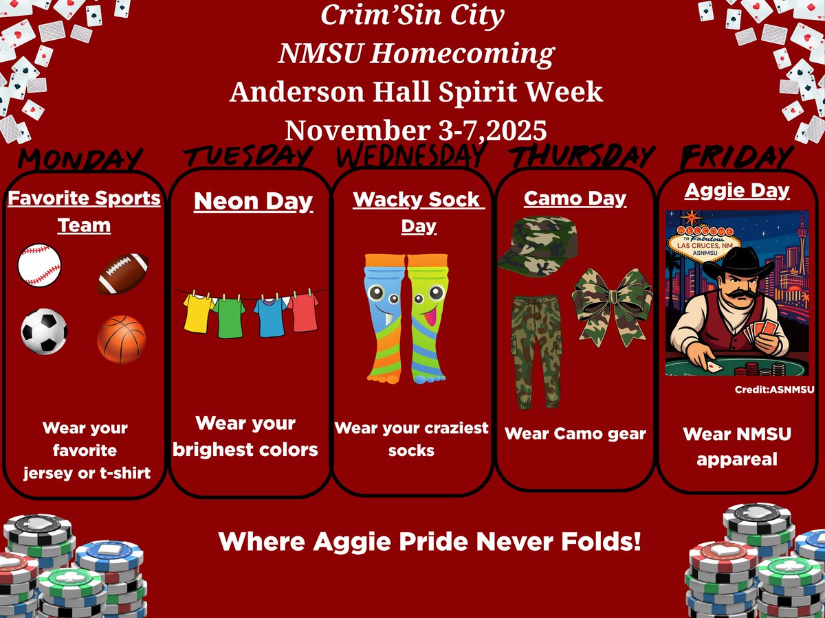 PSLNMState's tweet image. Join in the fun!! In celebration NMSU Homecoming Week,  PSL Anderson Hall is hosting a Spirit Week! Thank you in advance for making this Spirit Week fun, inclusive, and spirited. Let’s embrace our homecoming theme together: “Where Aggie Pride Never Folds!”