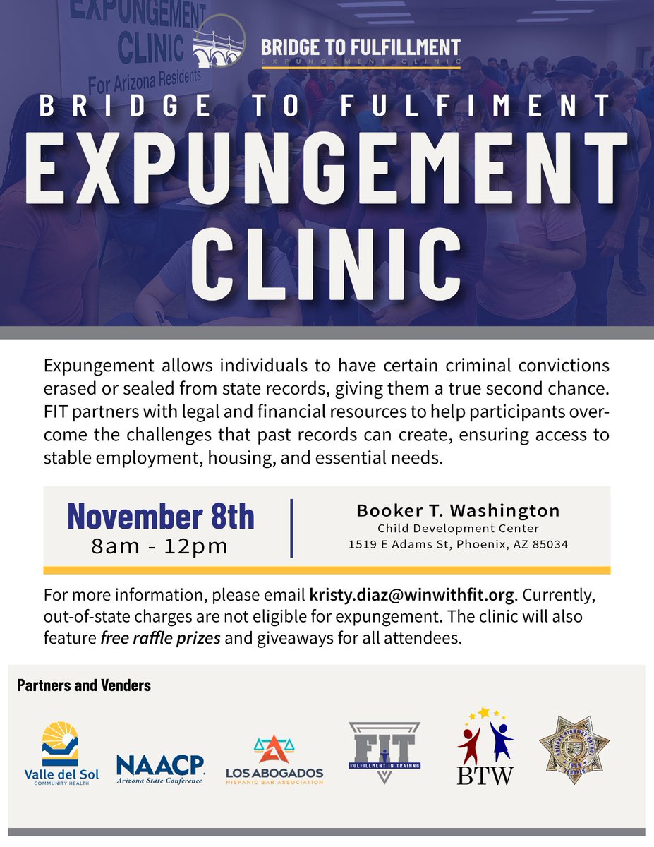 Everyone deserves a second chance.

Proud to co-host the Bridge to Fulfillment Expungement Clinic at the Booker T. Washington Child Development Center in partnership with <a href="/WIN_WITH_FIT/">Fulfillment In Training</a>, <a href="/evnaacp/">NAACP East Valley Branch (1008-B)</a> <a href="/AZNAACP/">Arizona NAACP State Conference</a>, <a href="/ValledelSolAZ/">Valle del Sol</a> and <a href="/AZHispanicBar/">Los Abogados</a>.

Let’s help people clear their records