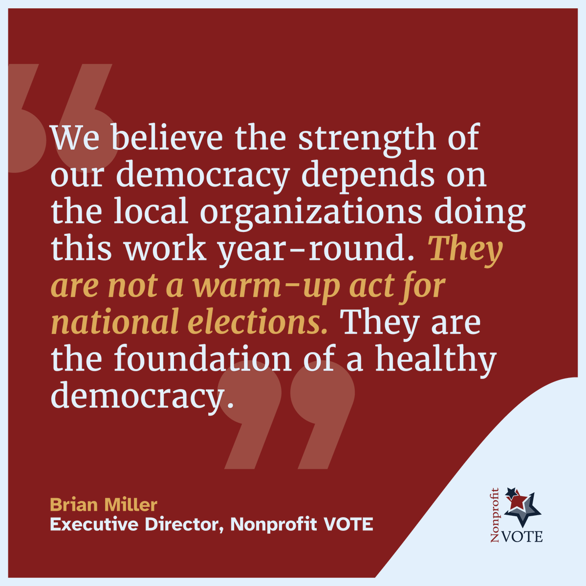 As voters head out in 39 states today, ED <a href="/brianmiller/">Brian Miller</a> reminds us of the importance of year-round local civic infrastructure building. Today &amp; everyday, we thank the network of nonprofits powering the practice of our democracy. 

Read the full piece here: nonprofitvote.org/we-cant-afford…