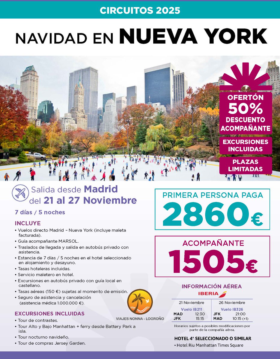 ViajesNonna's tweet photo. Aprovecha nuestra oferta para visitar la ciudad que nunca duerme con un descuento de última hora del 50 % para tu acompañante... Plazas muy limitadas !! https://t.co/4EkMajYQVd