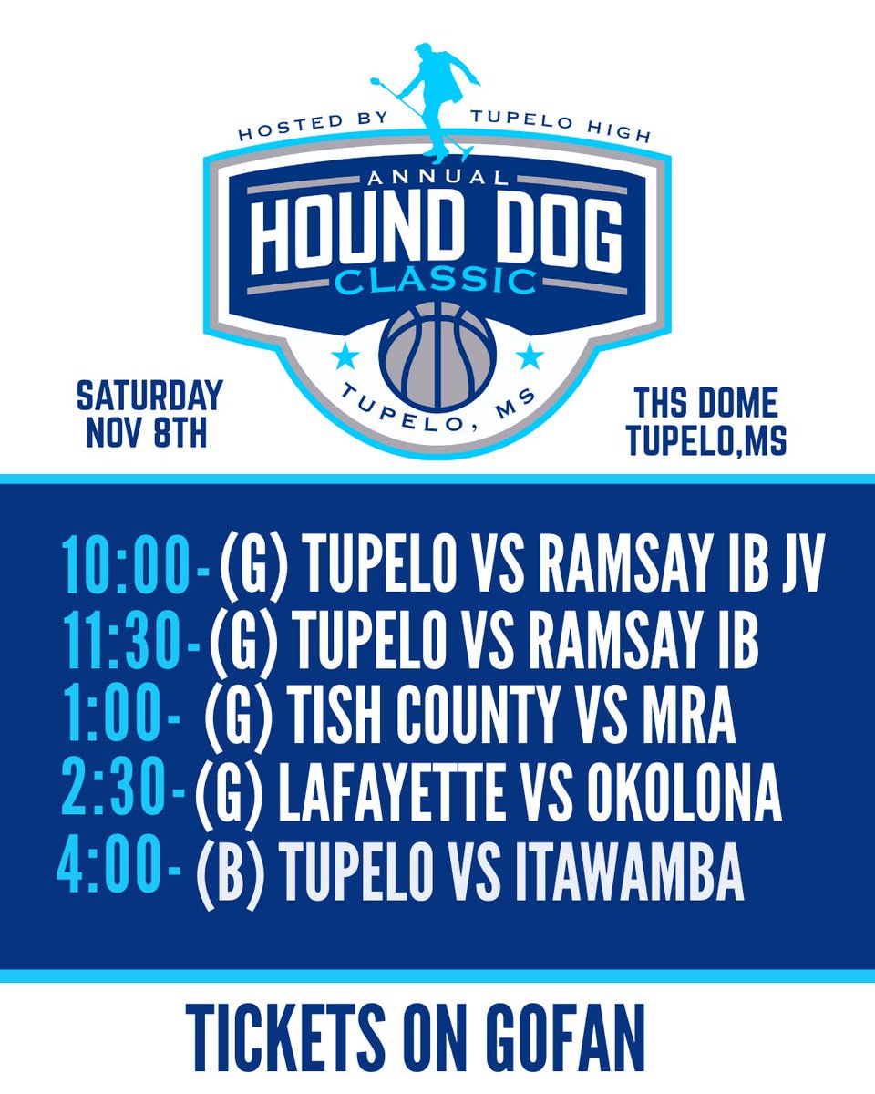 🏀 ‘25 Hound Dog Classic Schedule

Come out to the Dome on Saturday, November 8th for Tupelo’s annual Hound Dog Classic to tip-off the 25-26 hoops season! 

🎟️ linktr.ee/tupeloathletics