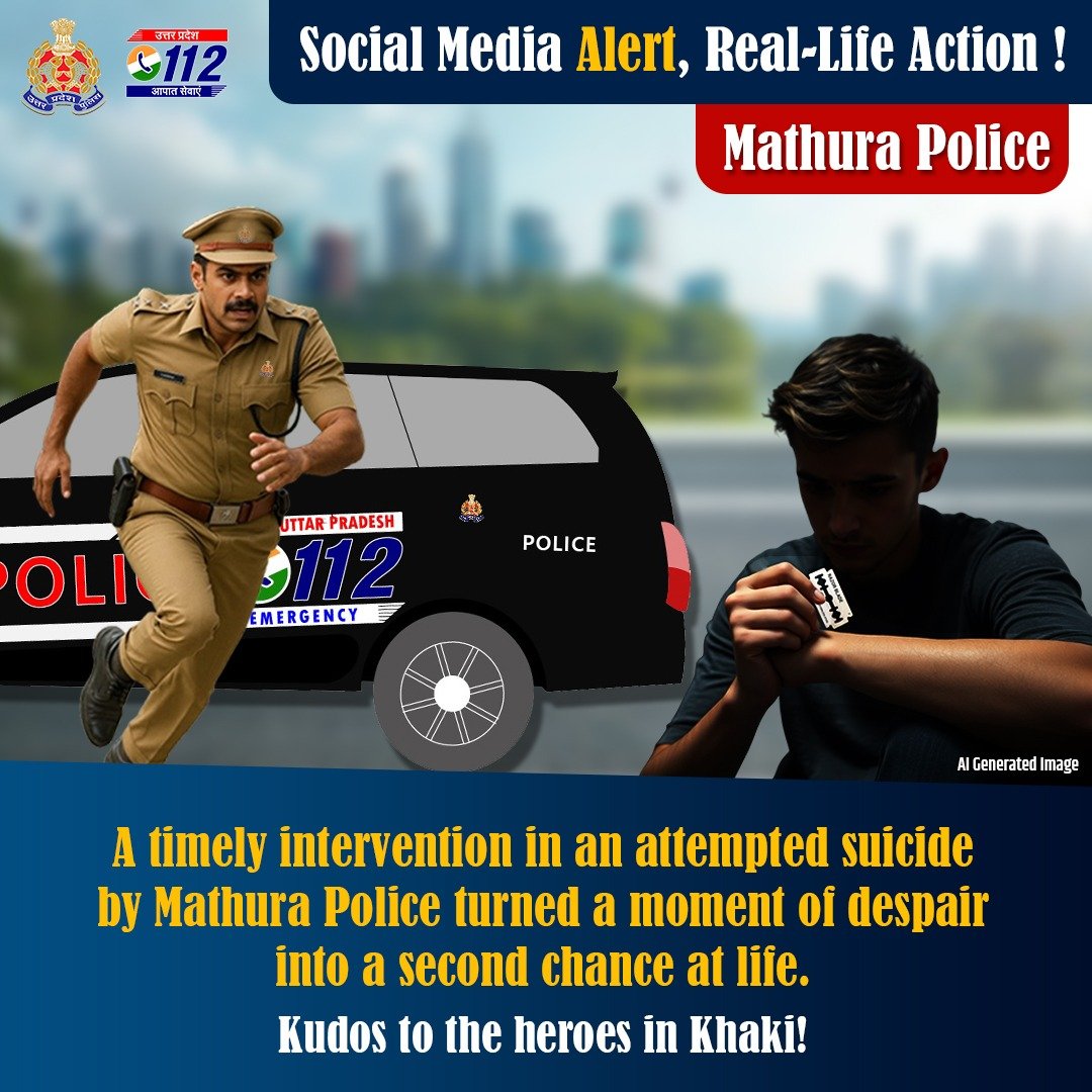 Uppolice's tweet photo. 14 मिनट का मिशन — जीवन की ओर वापसी

मथुरा निवासी 22 वर्षीय युवक ने फेसबुक पर आत्महत्या से जुड़ा एक बेहद चिंताजनक पोस्ट साझा किया। दिनांक 03.11.2025 को रात्रि 08:26 PM पर यह अलर्ट @Meta द्वारा #UPPolice सोशल मीडिया सेंटर को प्रेषित किया गया। टीम ने तुरंत लोकेशन ट्रेस कर @mathurapolice को सूचित किया।

सिर्फ 14 मिनट में, थाना मथुरा के पुलिस कर्मियों ने युवक के कमरे में पहुंचने पर पाया कि युवक एक ब्लेड से हाथ की कलाई की नस काटने का प्रयास कर रहा था। पुलिसकर्मियों द्वारा अविलम्ब उसके हाथ से ब्लेड छीन लिया गया एवं सामान्य होने पर उसकी काउन्सलिंग की गयी।

यह त्वरित और जीवनरक्षक प्रयास @Uppolice – @Meta साझेदारी का प्रत्यक्ष परिणाम है, जिसके अंतर्गत अब तक 1555 लोगों की जान बचायी जा चुकी है।

#UPPCares 
#DigitalSentinels 
#EveryLifeMatters