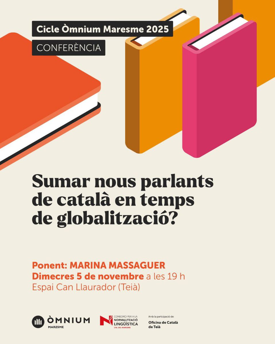 "Sumar nous parlants de català en temps de globalització?" Conferència de <a href="/MarinaMassaguer/">Marina Massaguer Comes</a> a Teià sobre la situació de la llengua des de la sociolingüística. Una sessió imprescindible!

📅 Dimecres 5 de novembre a les 19h
📌 Espai Can Llaurador (Teià)