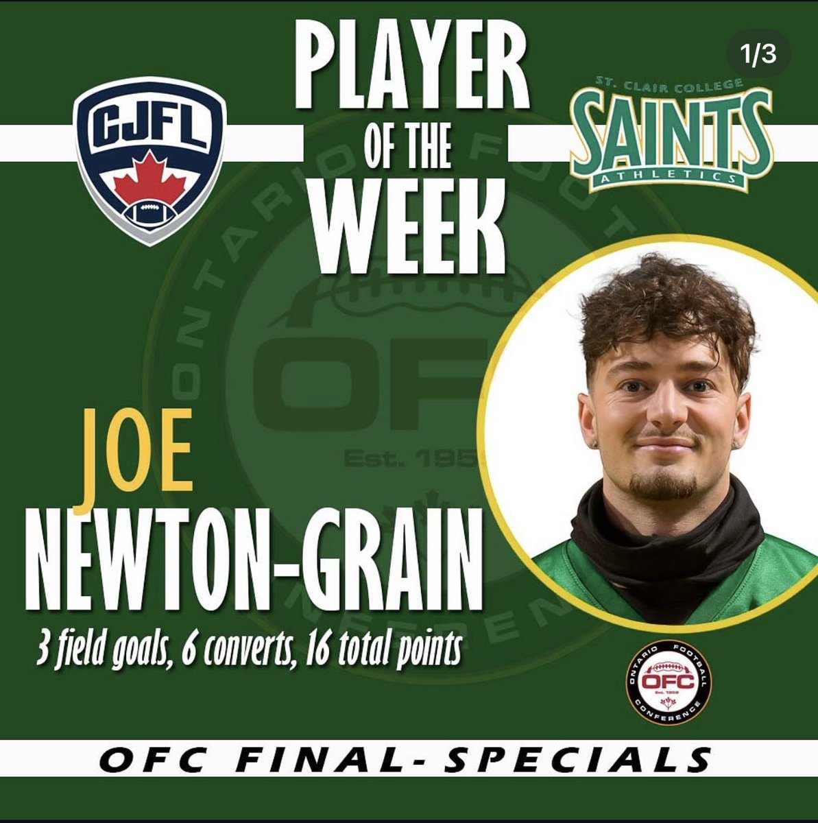 GrainNewton's tweet photo. Season Highlights with St Clair College Saints.

17/22 (78%) Field Goal (43 Long)
77/77 PAT (100%)
134 Total Points 

Ontario Football Conference Points Leader. 

2x CJFL Special Teams Player of the Week. 

Hudl Highlights - https://t.co/yUYwOyFgXj

3 Years of Eligibility. https://t.co/103Wx4M3D6