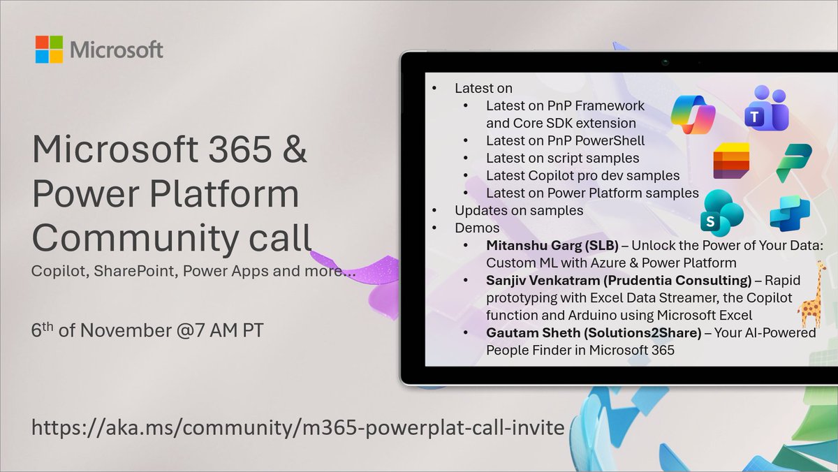 SharePoint's tweet image. 📅 Agenda for the #Microsoft365 &amp;amp; #PowerPlatform Community call 6th of Nov
 
• The latest updates
• Focus this time on #Copilot, #Azure, and AI integrations
• Presented by Mitanshu Garg, @VenkatramSanjiv &amp;amp; (cont) msft.it/l/6012tH7Bp