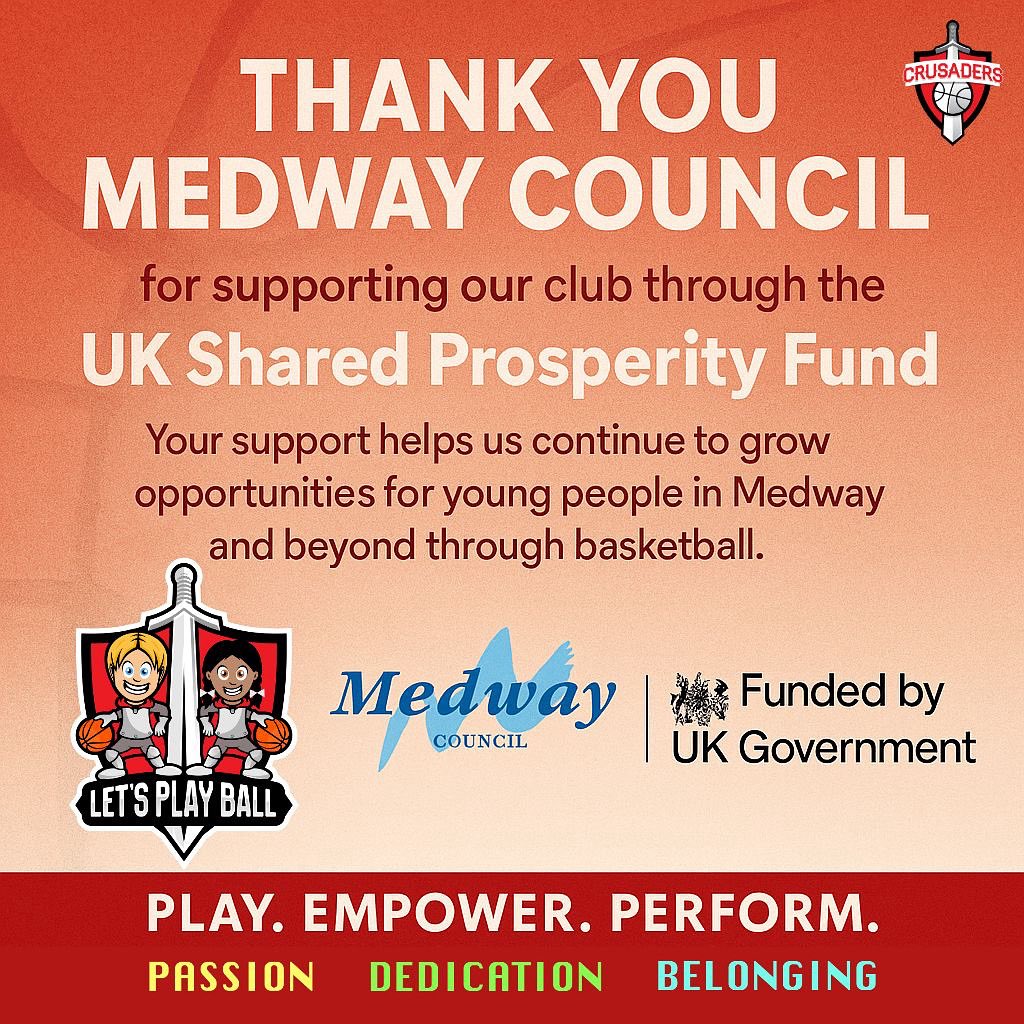 KentCrusadersBB's tweet photo. 💫 BIG THANK YOU to @medway_council for supporting us through the UK Shared Prosperity Fund 🙌
Helping us grow basketball opportunities for young people across Medway ❤️

🏫 Schools – ask about Let’s Play Ball
👧 Mini Ballers – come try a session!

#UKSPF #LetsPlayBall https://t.co/TkfQBpXjMm