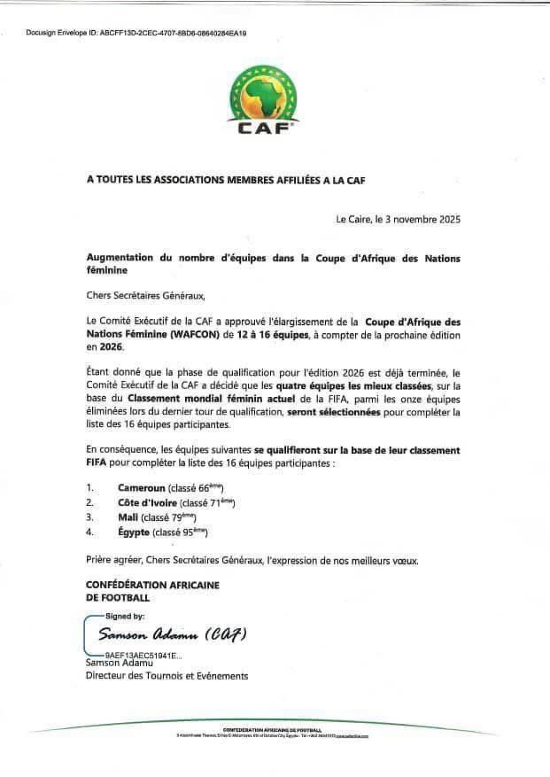🚨 OFFICIAL: 

CAF announce expansion of the 2026 Women’s AFCON to 16 teams. Based on their latest FIFA rankings, four 🆕️ teams have been added to the automatic 12 qualifiers:

🇨🇲 Cameroon 
🇨🇮 Cote d'Ivoire 
🇲🇱 Mali 
🇪🇬 Egypt