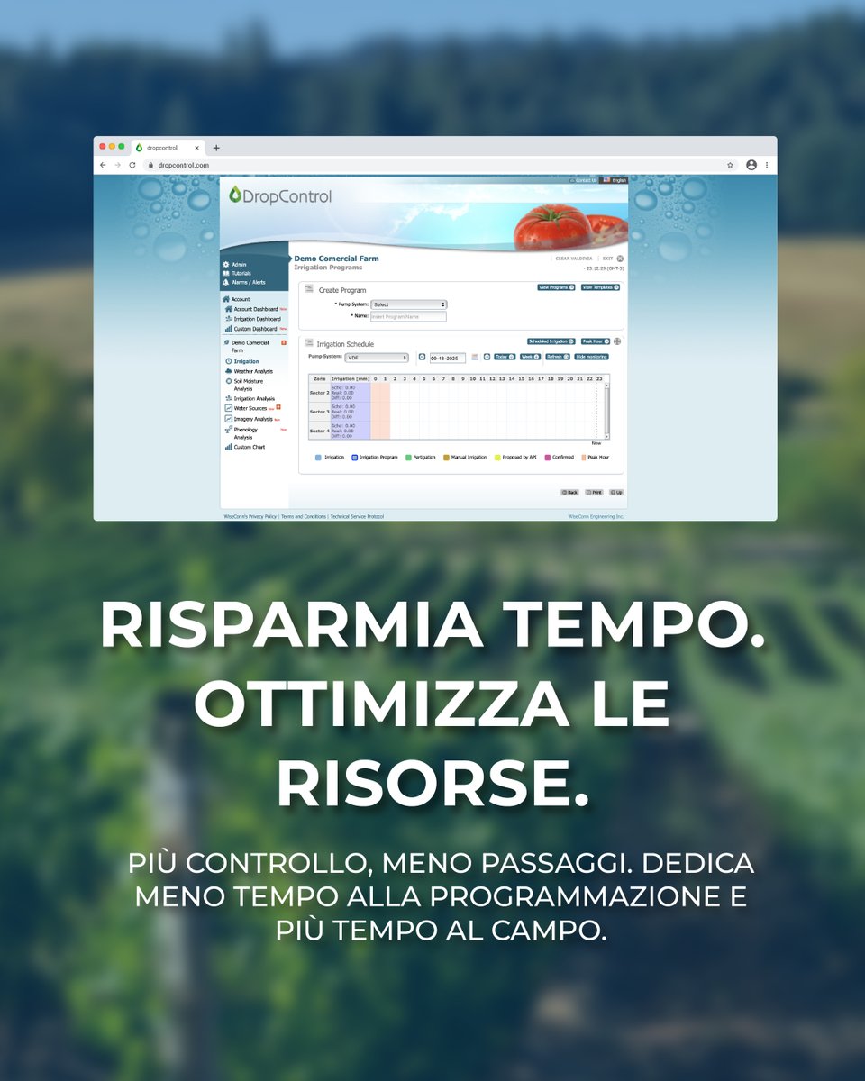 WiseconnEurope's tweet image. Abbiamo semplificato la programmazione dell’irrigazione!💧
Con la nuova funzione di #DropControl, puoi pianificare, controllare e ottimizzare l’irrigazione in modo ancora più semplice e veloce💻 Meno passaggi, più controllo e più tempo da dedicare al campo🌱