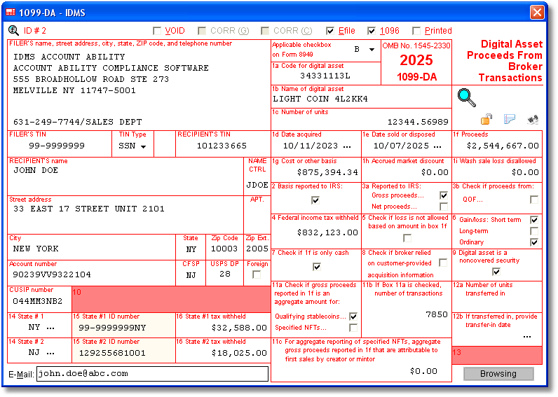 Account_Ability's tweet photo. 1099-DA Software for 2025 to Create, Print and E-File IRS Form 1099-DA. Data is entered onto windows that resemble the actual forms. Import recipient information from spreadsheets or delimited text files. https://t.co/9vhstWORQV #ACCOUNTABILITY #1099DASoftware https://t.co/x62qGcGEmu