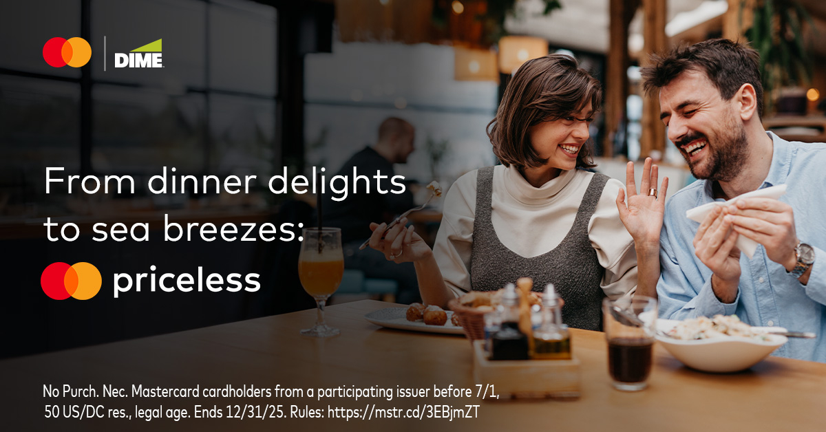 Use your Dime Debit Mastercard on eligible in-store purchases to receive entries for a chance to win a trip – or up to $500.
–
No Purch Nec. Mastercard cardholders from a participating issuer before 7/1, 50 US/DC res., legal age. Ends 12/31/25. Rules: okt.to/ygKTRj