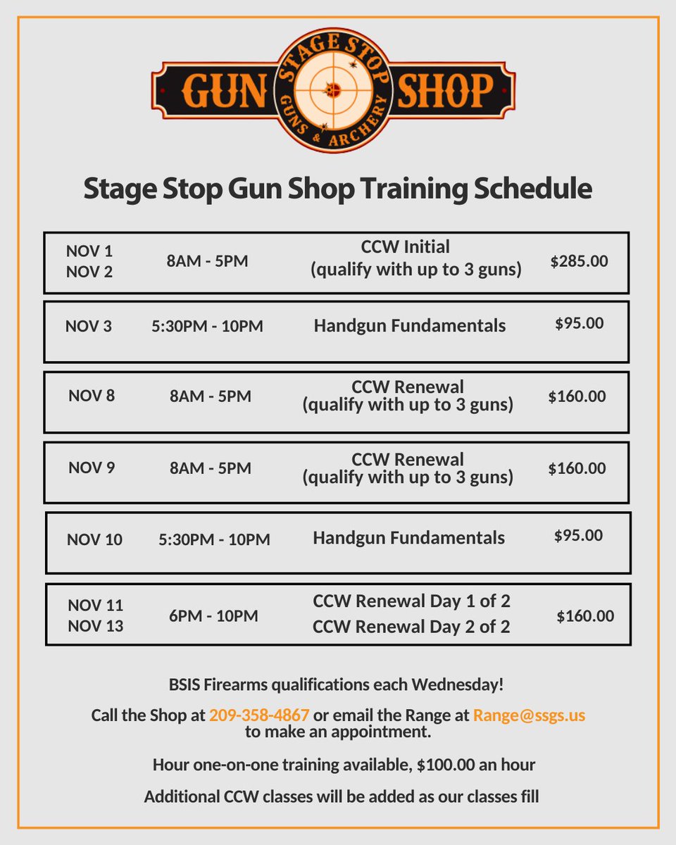 stagestopgun's tweet image. This weekend, we have our CCW Renewal class! Both Saturday and Sunday. 

Please call or stop by the shop to reserve your spot. Payment is expected upfront. 

#StageStopGunShop #CCWRenewal #Training #CaliforniaCCW