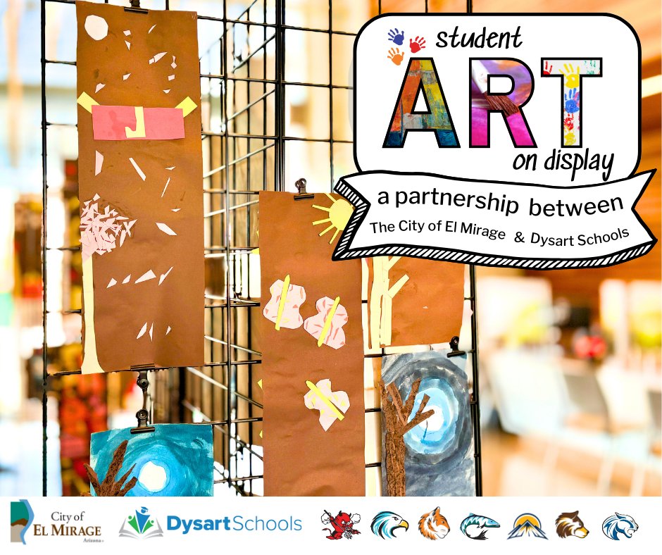🍎🚌🖌️🏞️ El Mirage is delighted to partner with Dysart Schools to display student artwork for public viewing. Stop by City Hall during business hours (Monday-Friday, 8 a.m. to 4:30 p.m.) to see how artwork from El Mirage Elementary is brightening up our public spaces. 🍎🚌🖌️🏞️