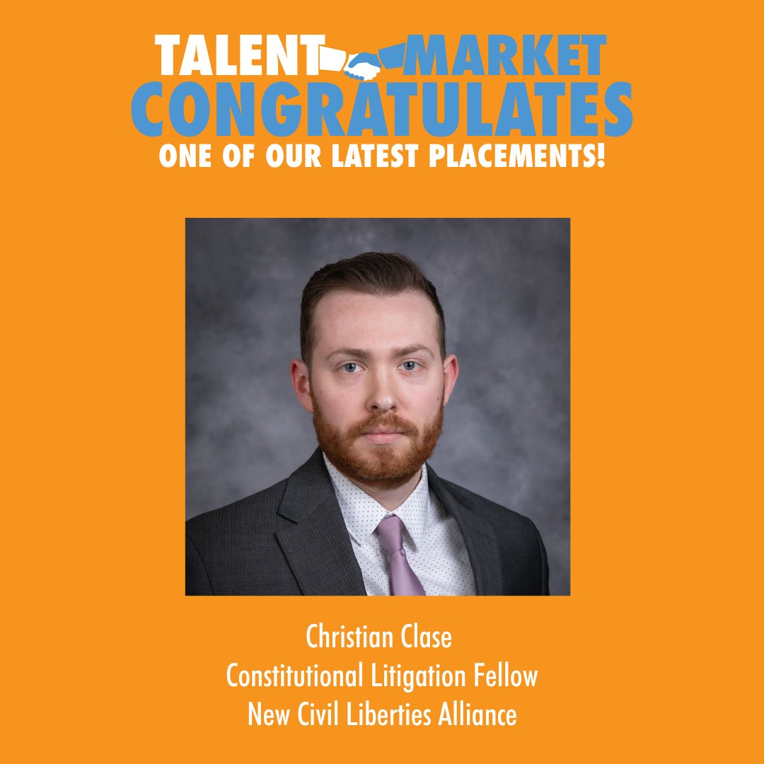 TalentMarket's tweet image. 🎉🎉 Congratulations to another recent Talent Market placement, Christian Clase, for joining @NCLAlegal as their new Constitutional Litigation Fellow ! 🎉🎉 #talentmarketplacement #libertyjob