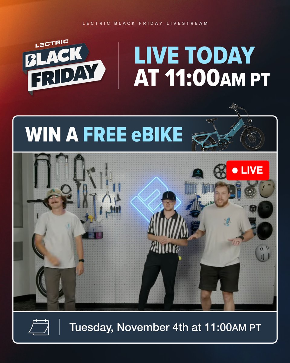 lectricebikes's tweet image. T-Minus 1 Hour till the Lectric Livestream!🎉 

Tune in on Facebook or YouTube to learn all about our Black Friday deals and leave a comment on the stream for a chance to win a FREE eBike!!

See you at 11AM PT!

#LectriceBikes #LectricLivestream