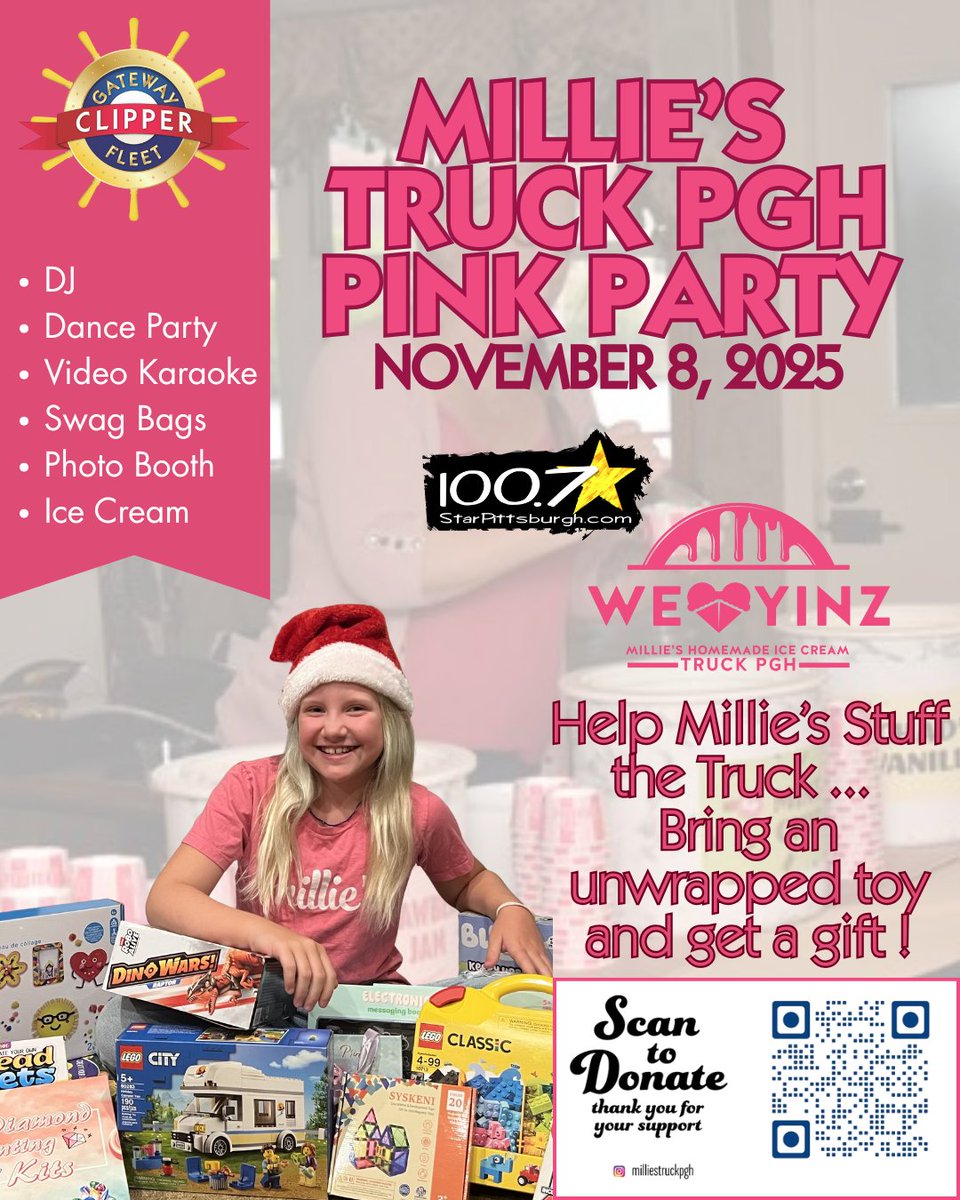 Grab your tickets now to join @kelonair aboard the @gatewayclipper Pink Party Cruise with Millie's Truck PGH on Saturday, November 8! 🌸✨ 
Bring a toy with you for the cruise and help fill Millie's Truck PGH for the Marines “toys for tots” collection.
gatewayclipper.com/pink/
