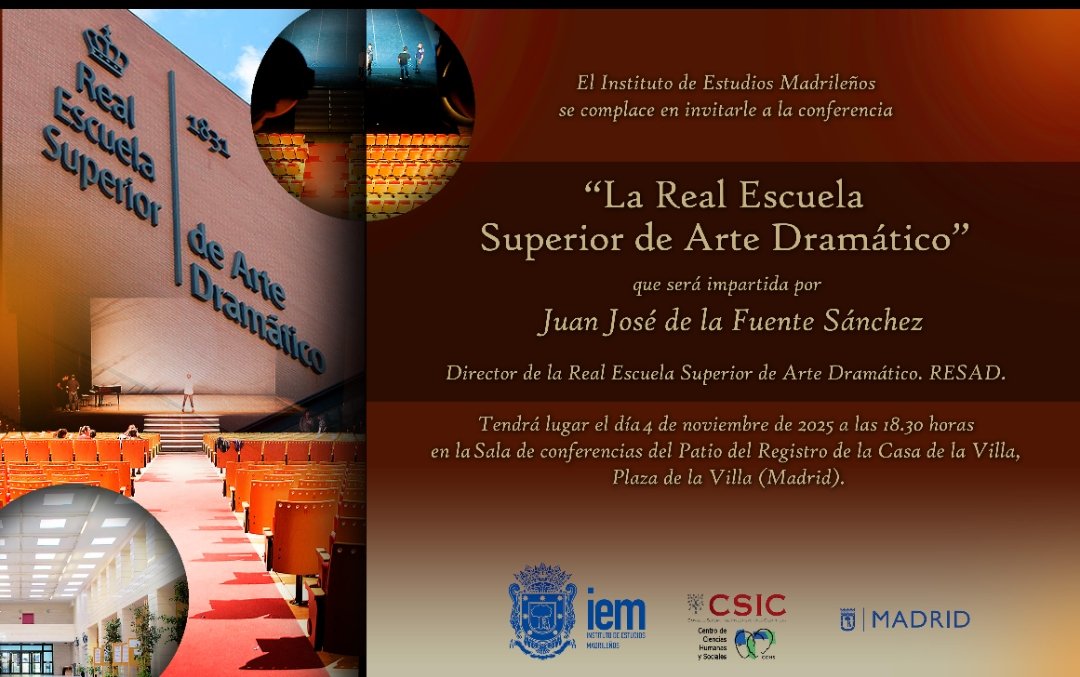 Hoy, a las 18,30h, Juan José de la Fuente, director de la RESAD <a href="/ResadMadrid/">Resad Madrid</a> , impartirá la conferenciada titulada "La Real Escuela Superior de Arte Dramático"

Presencial y online en nuestro canal de Youtube 📺