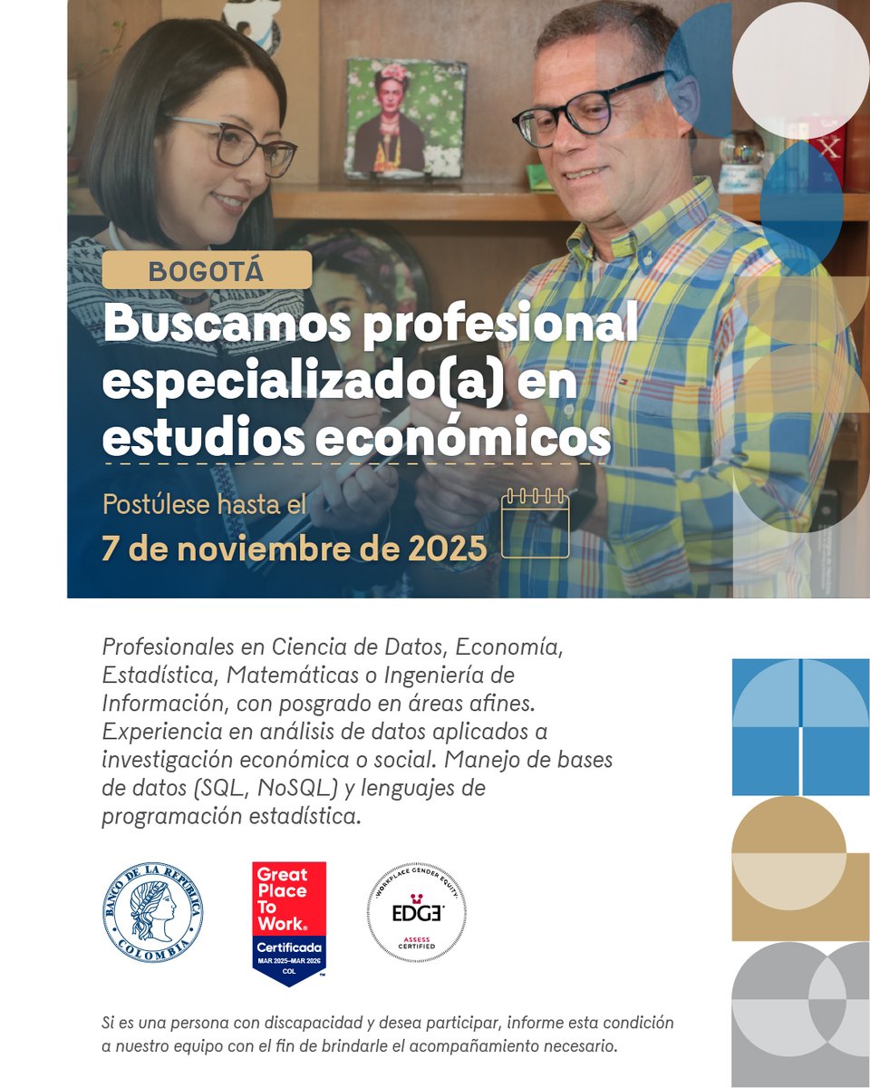 #TalentoBanRep | Buscamos profesional especializado(a) en estudios económicos. Postúlese hasta el 7 de noviembre de 2025👉 ow.ly/YL9f50XmzUy

Importante: Las ofertas de empleo del Banco de la República son completamente gratuitas y no se requiere de intermediarios.