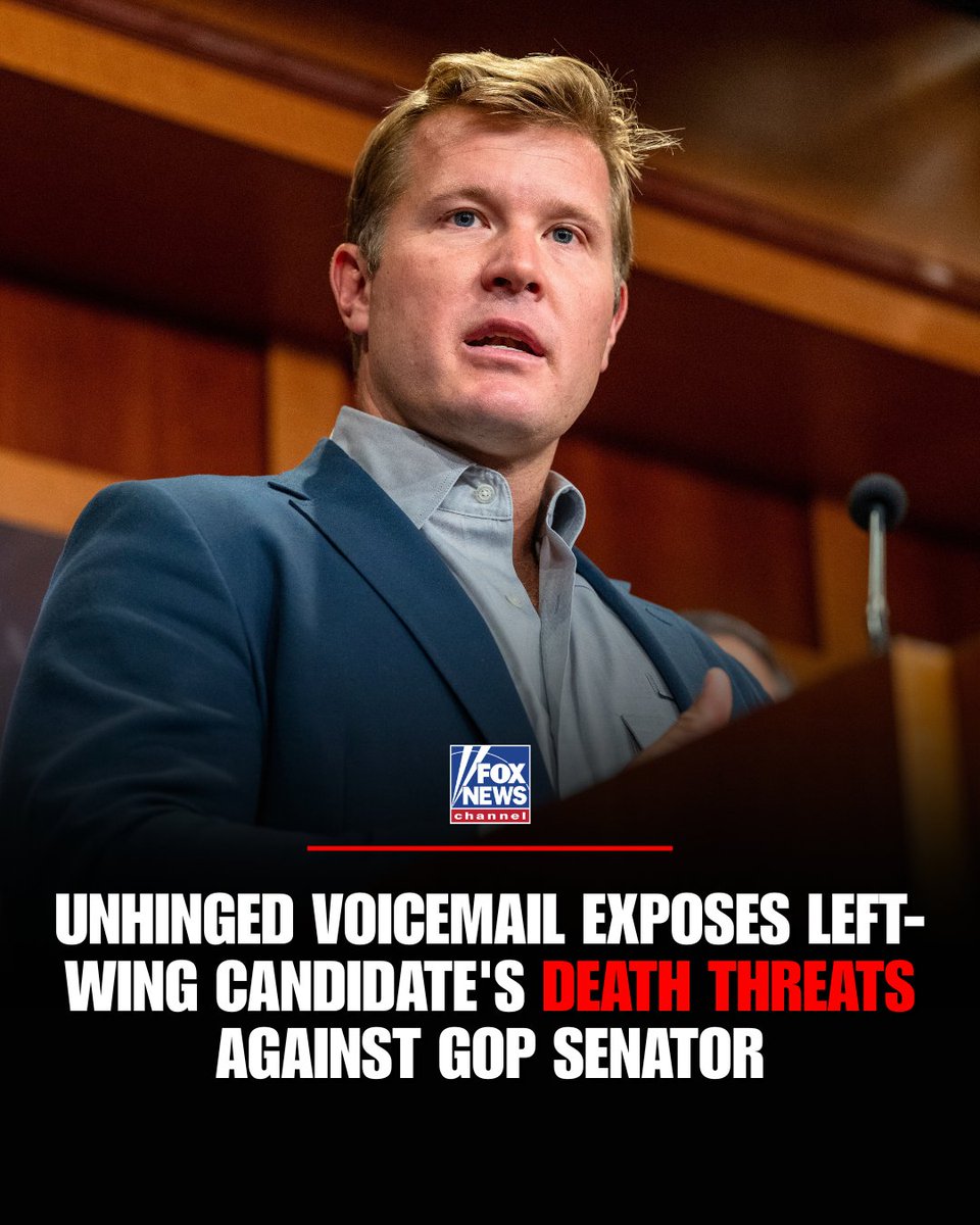 FoxNews's tweet photo. VOICEMAIL OF VIOLENCE: A left-wing city commissioner candidate targeted Republican Senator Tim Sheehy with death threats and extreme insults over voicemail after he voted for the GOP’s One Big Beautiful Bill Act.

"I just wanted to let you know that you are the most insufferable kind of coward and thief... I hope that one day you get pancreatic cancer, and it spreads throughout your body so fast that they can't even treat you for it," Haley McKnight said.