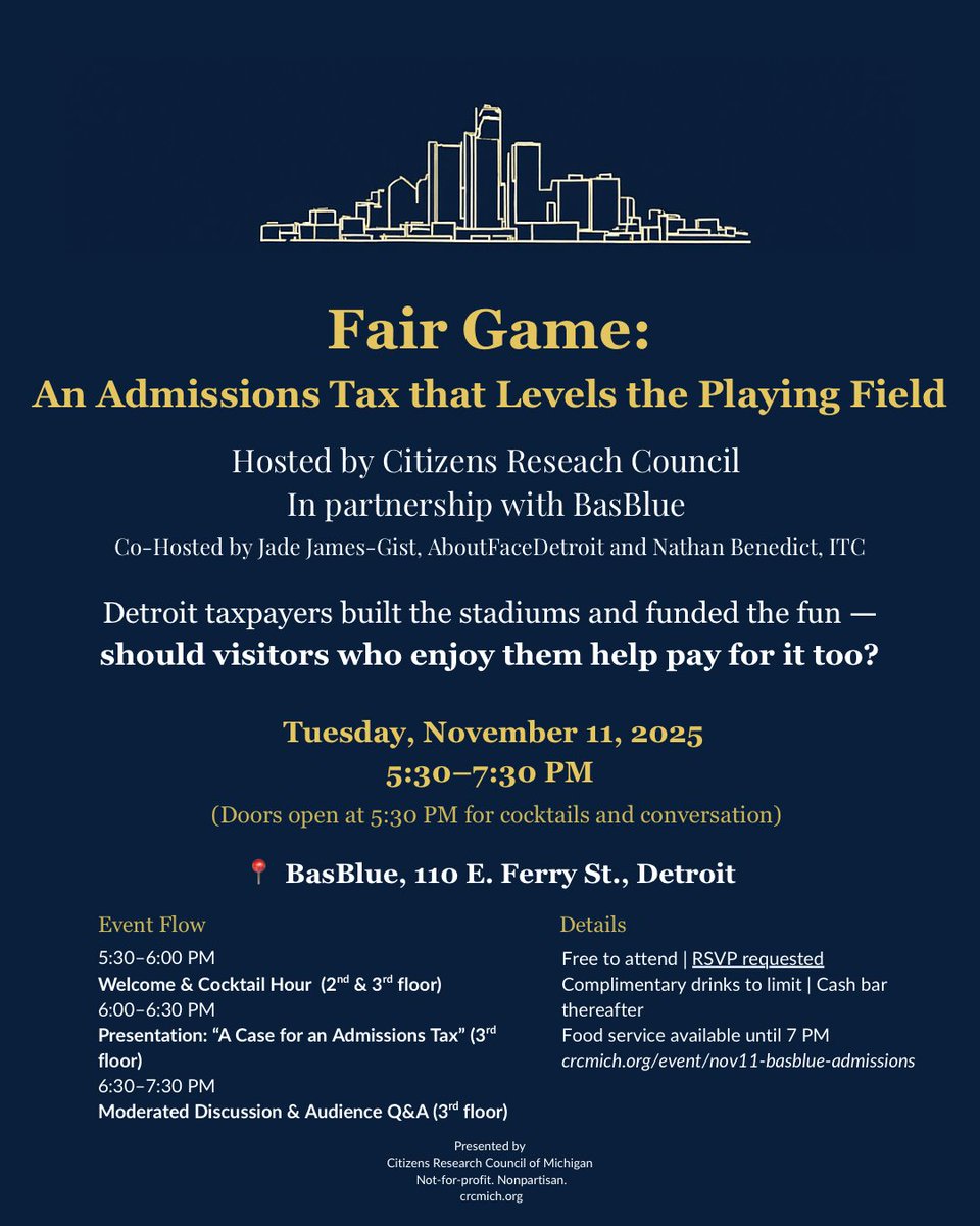 Just 1 week away!   🏈🍷⚾🎶Detroit’s sports and entertainment scene is booming — but who really benefits? 🎲🍽️
Join us at BasBlue in Detroit: Fair Game! An Admissions Tax that Levels the Playing Field! Free RSVP here: crcmich.org/event/nov11-ba…
#DetroitEvents #MITaxes #FactsMatter