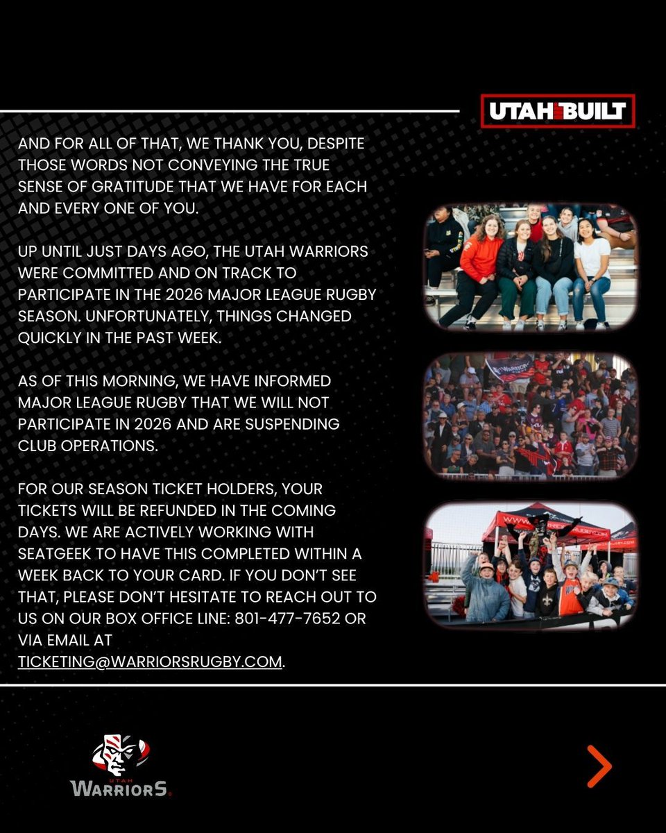 utwarriorsrugby's tweet photo. THANK YOU WARRIORS NATION. Up until just days ago, the Utah Warriors were committed and on track to participate in the 2026 Major League Rugby season. Unfortunately, things changed quickly in the past week. This morning, we have informed MLR that we will not participate in 2026. https://t.co/4tTSEwtRrK