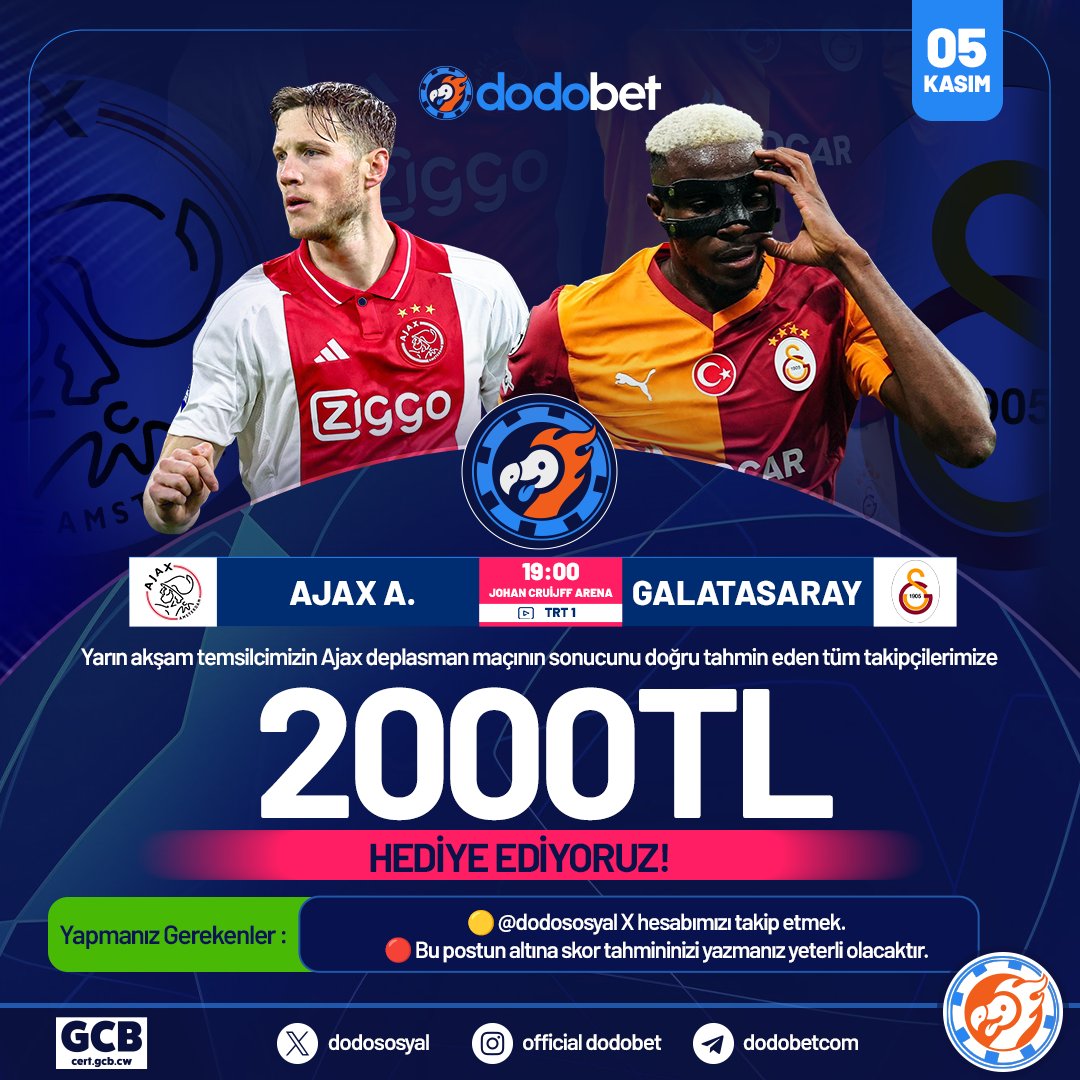dodososyal's tweet photo. #Dodobet sunar!
Yarın akşam temsilcimizin #Ajax deplasman maçının sonucunu doğru tahmin eden tüm takipçilerimize 2000 TL #hediye ediyoruz!
Yapmanız gerekenler:
1⃣ @dodososyal X hesabımızı etmek etmek!
2⃣ Bu postun altına skor tahminizi tweet'lemeniz yeterli olacaktır.
#AjaxGalatasaray #Galatasaray #UCL #dodo #dodocoin #dodososyal #skortahmin #skor