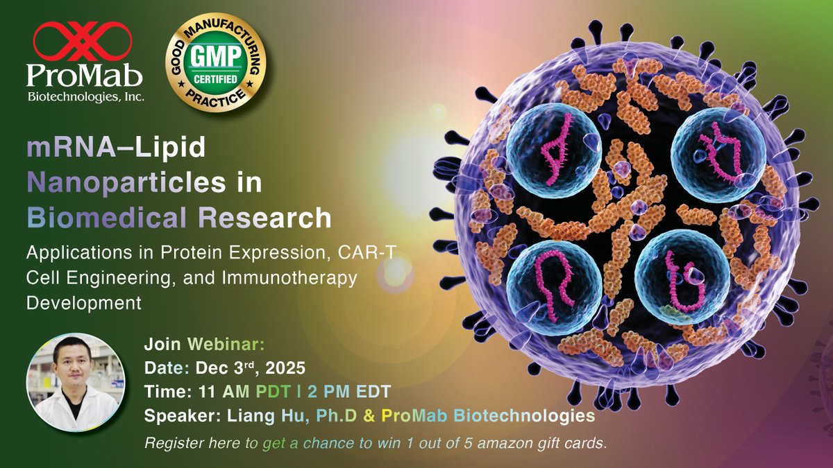 ProMabBiotech's tweet image. 🚀Join our upcoming webinar to explore how mRNA–Lipid Nanoparticles are driving breakthroughs in protein expression, CAR-T cell engineering, and immunotherapy development.
🗓 Dec 3, 2025 | 11 AM PDT / 2 PM EDT
🎙 Speaker: Liang Hu, Ph.D  
👉 Register now: na2.hubs.ly/H01WZjl0