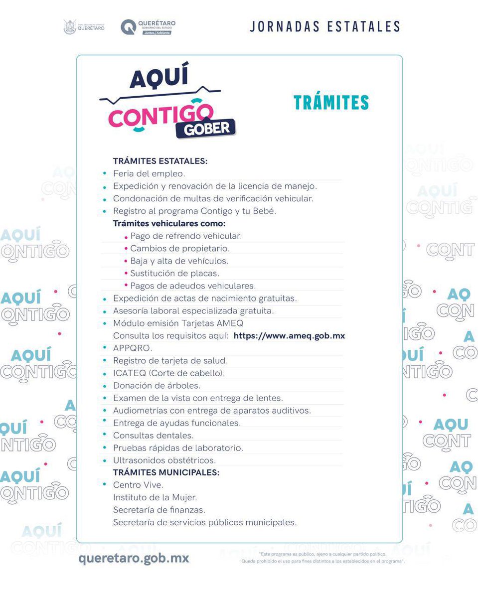 Este miércoles 5 de noviembre, estaremos en El Marqués, en la comunidad de Jesús María, para que puedas realizar trámites estatales y municipales sin tener que trasladarte lejos. 🚐✨

Te esperamos con atención cercana y con gusto de servirte.

#AquíContigo #CONTIGO #QroNosMueve