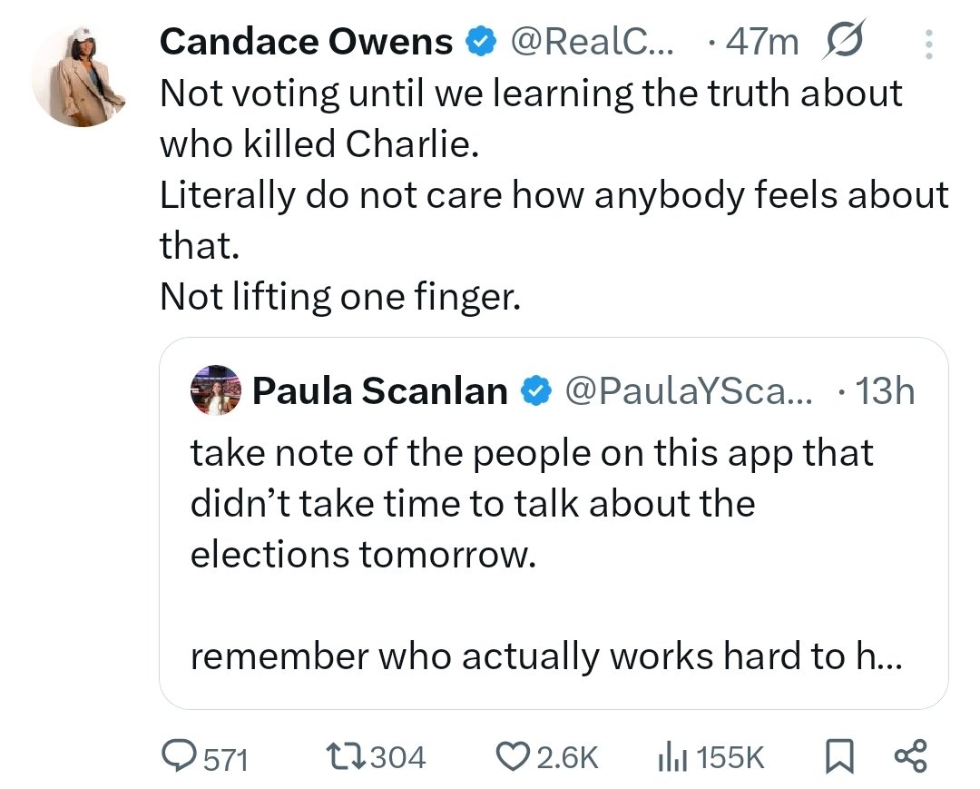 Here's the most idiotic solution ever.

<a href="/RealCandaceO/">Candace Owens</a> actually advocating for not voting.

Full stop retardation.
