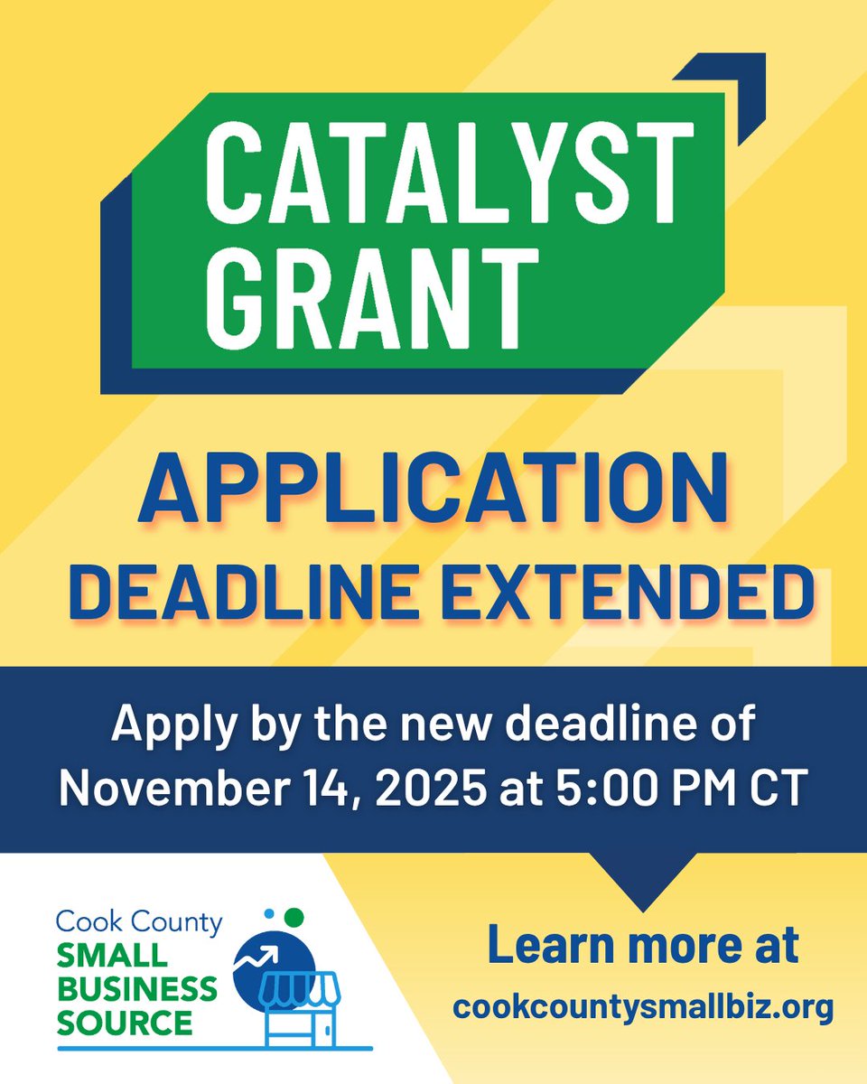 The Catalyst Grant application deadline  has been extended to 11/14!
If your business is in construction. finance/insurance; information technology; manufacturing; professional services; or real estate, it could be eligible for a $100,000 grant.
cookcountysmallbiz.org/catalystgrant/