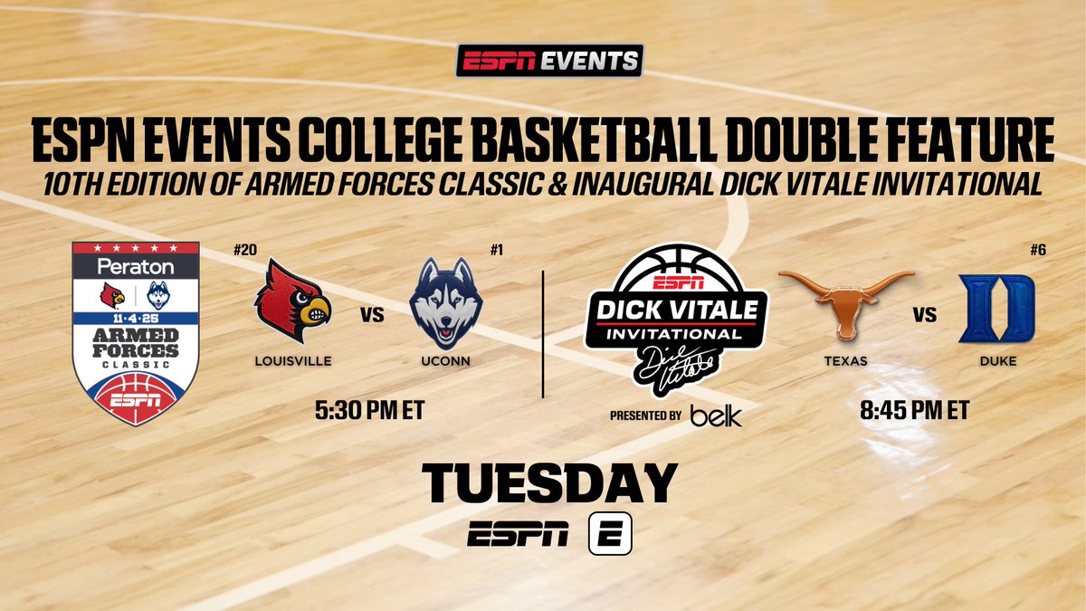 ESPNFrontRow's tweet image. Double the basketball, double the fun

Tuesday, @ESPNEvents hosts 2 college basketball games to kickstart the season

🏀 Peraton Armed Forces Classic | #NCAAWBB
🏀 Dick Vitale Invitational | #NCAAMBB

More on what it takes to pull off this double feature: bit.ly/3WE7Dz4