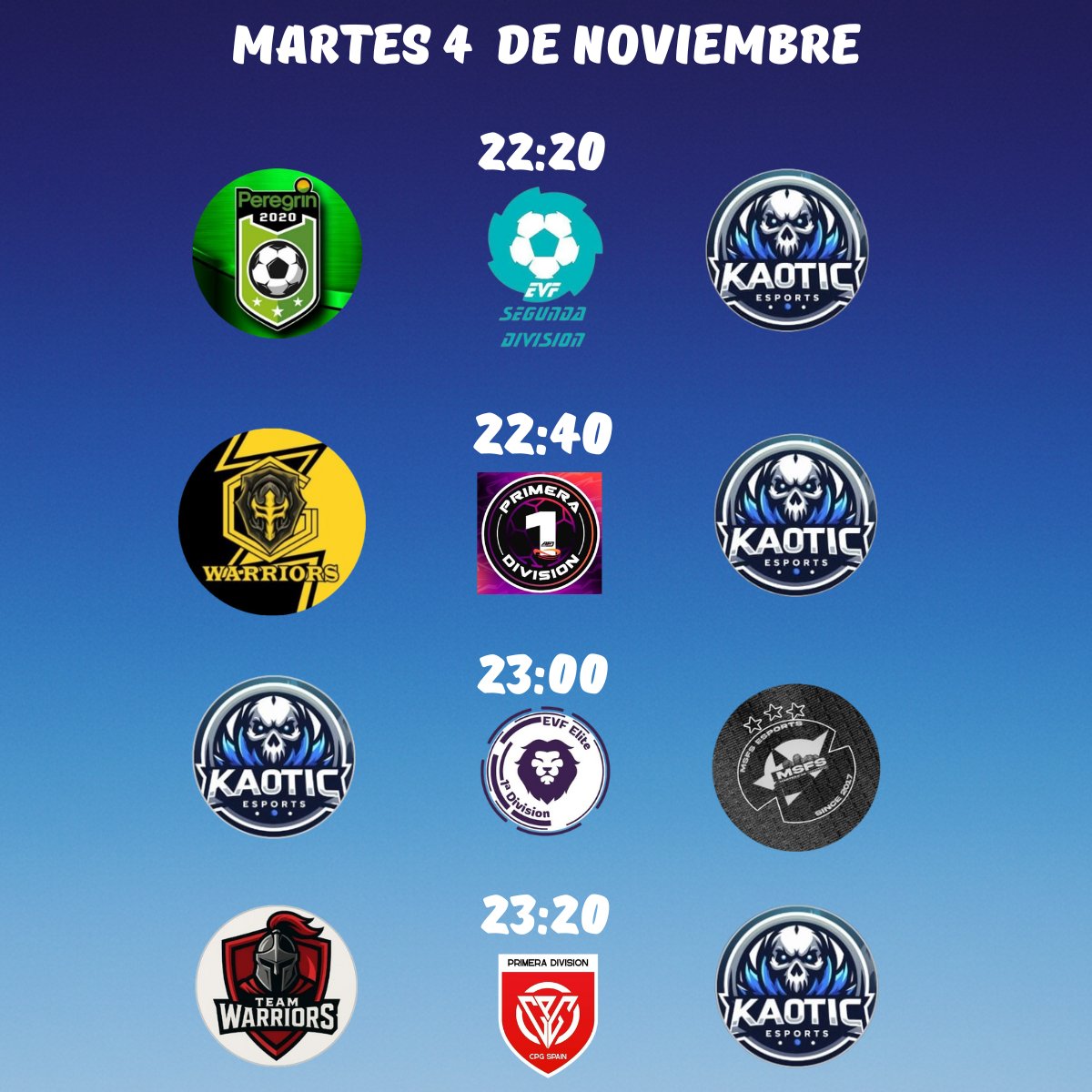 Estos son nuestros partidos del día de hoy
Nos vemos en twitch.tv/kaoticesports_  a partir de las 22:00

#WeAreKaotic #KaoticEsports #ClubesPro  #EAFC26