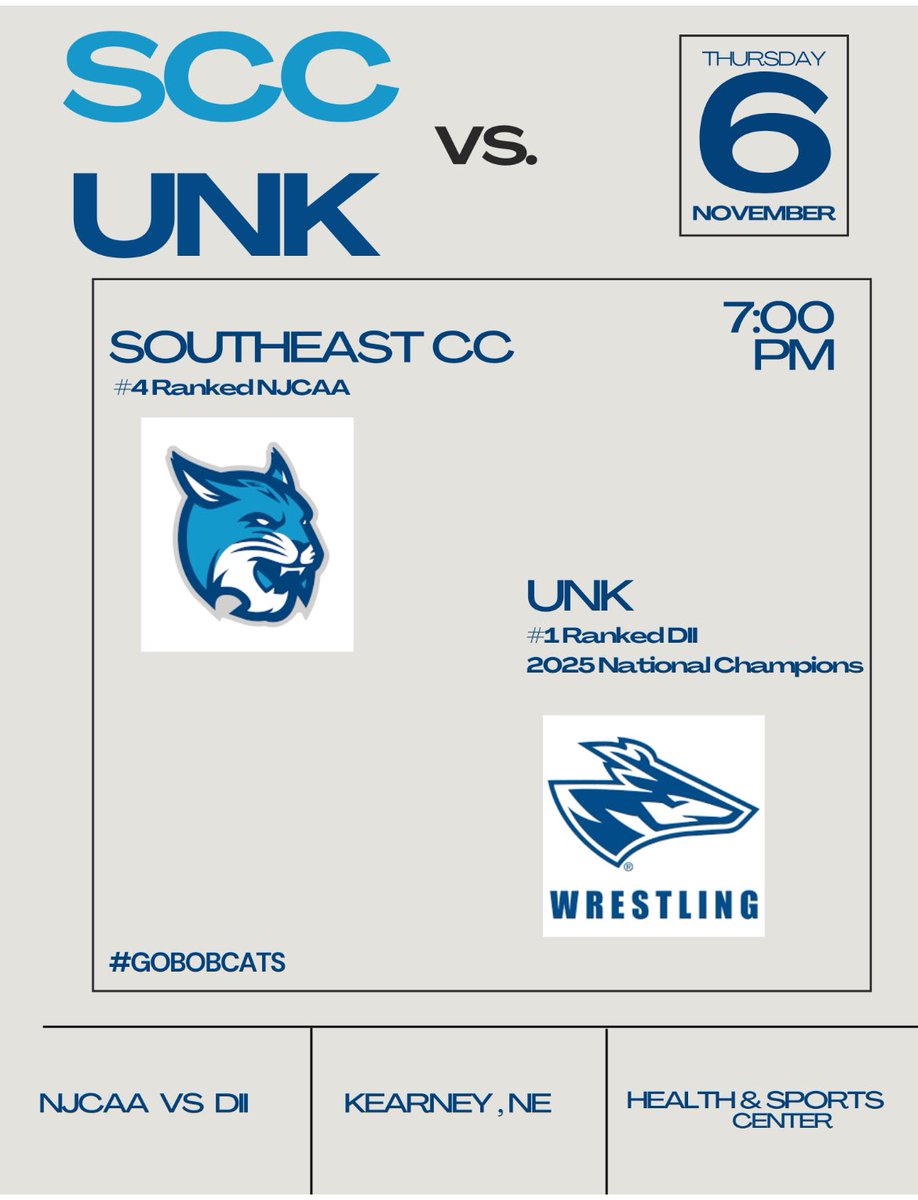 🚨Match week! 🚨

Men’s wrestling team toe the line with UNK - returning DII National Champions and currently ranked #1 🤼

🗓️Thursday 11/6 
7:00pm
📍Kearney, NE

Bobcats hit the road to Oklahoma this weekend for Maverick Open at NOC!

#GoBobcats