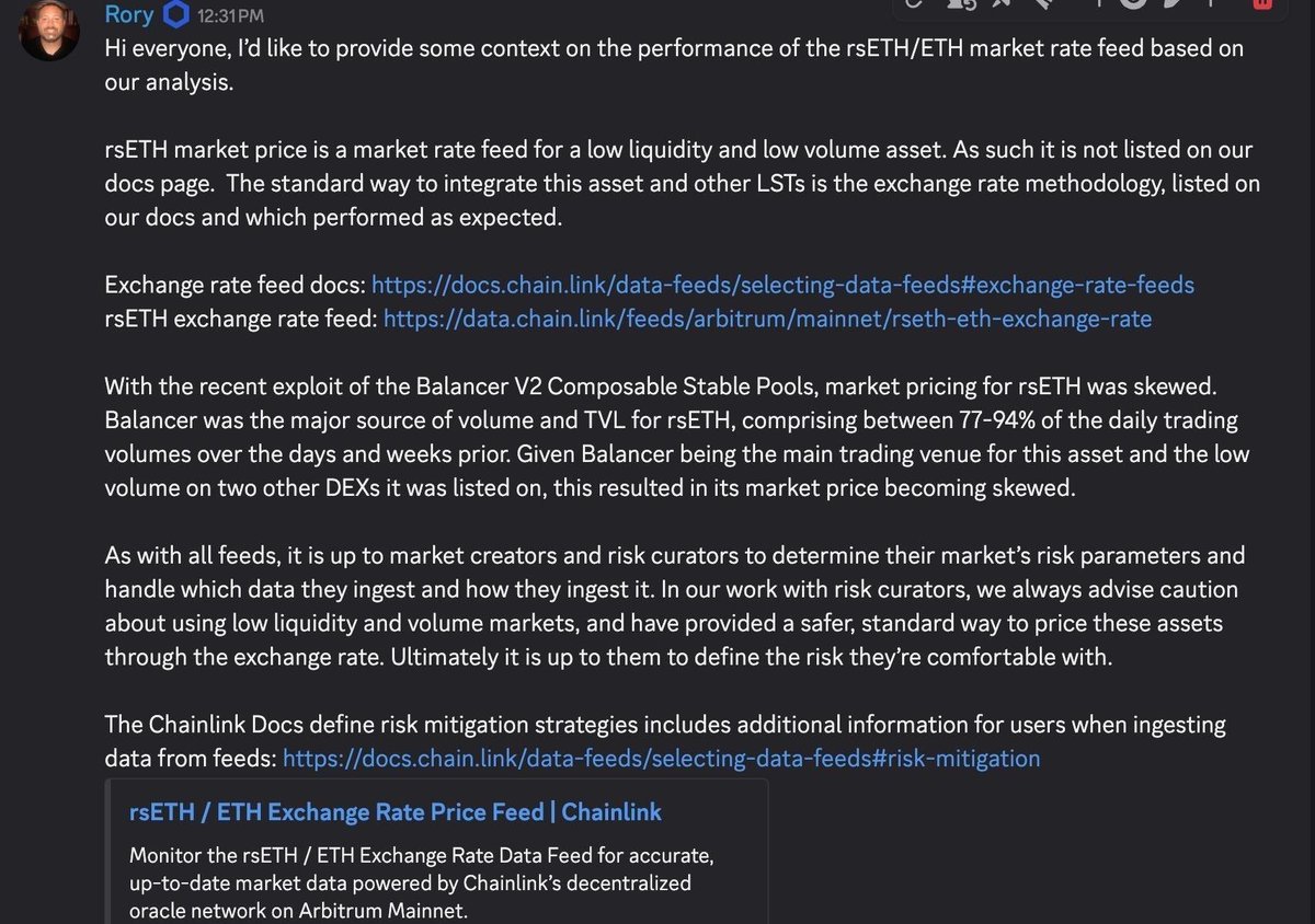 CatfishFishy's tweet image. Moonwell was using a delisted market rate feed for a low liqudity and low volume asset, rsETH. It&apos;s not even listed on the Chainlink docs page.

The proper implementation would have been to use the exchange rate which is both: 

A) Actually listed on the docs page…