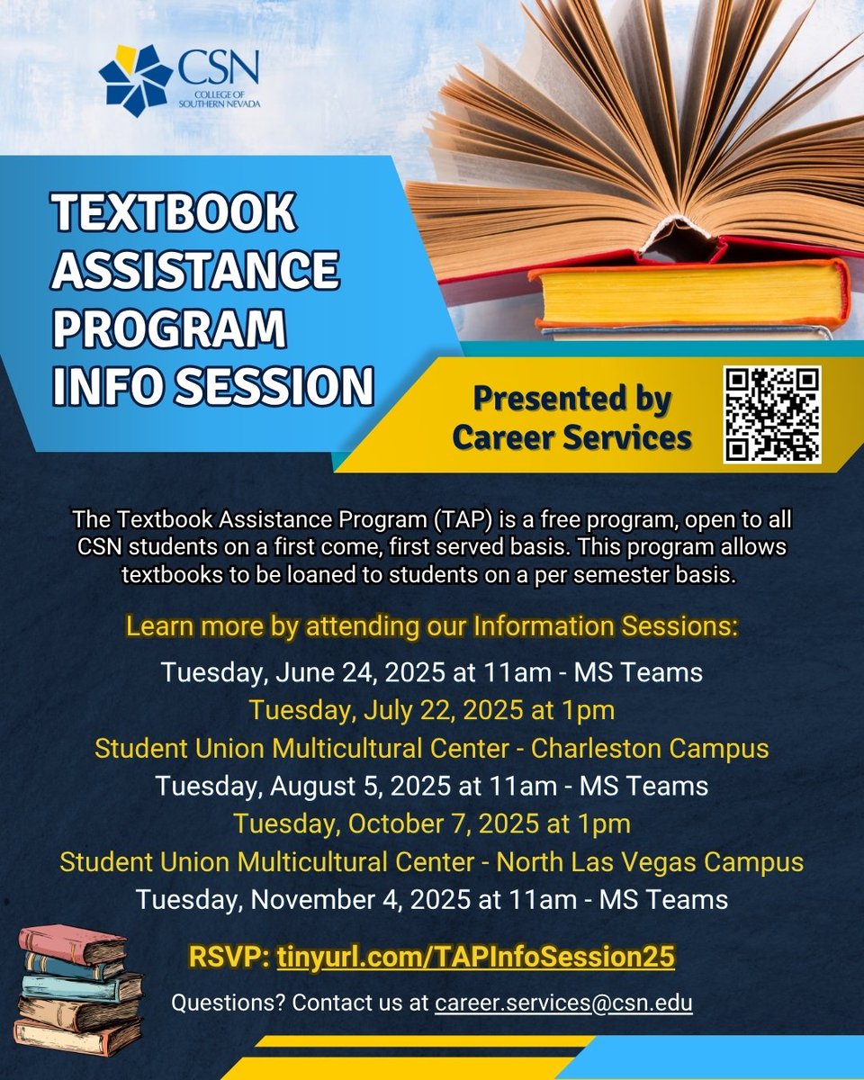 CSNCareerServ's tweet image. You still have time to join us TODAY!!!  TAP Info Session is happening Tuesday, November 4th, at 11am via MS TEAMS! Hosted at the North Las Vegas campus &amp;amp; Virtual TEAMS meeting @ 11:00am RSVP now: lnkd.in/gdnKF8f4 #CSNSupport  Learn how to get help with your textbooks.