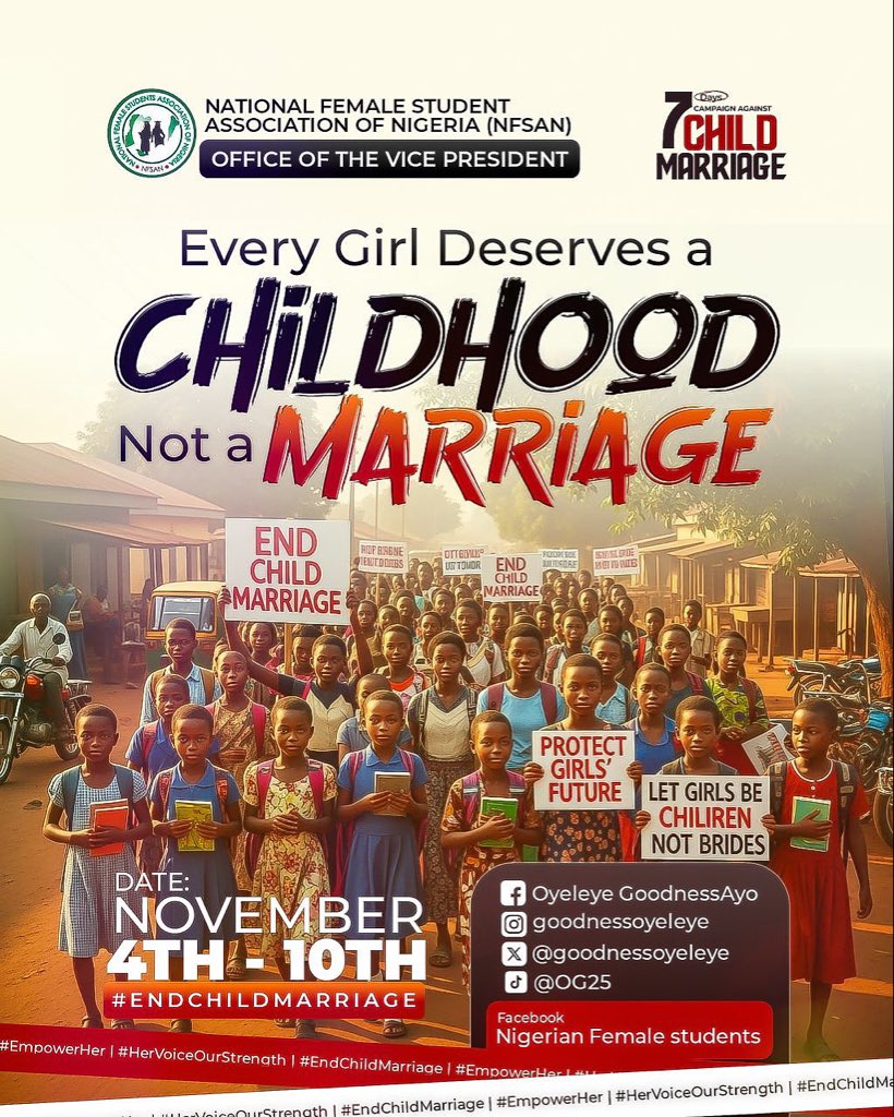 GoodnessOyeleye's tweet photo. STOP CHILD MARRIAGE. EMPOWER GIRLS.
Today, we launch the “Empower Her, Don’t Marry Her Off” 7-day digital advocacy campaign!  
A girl’s childhood should be filled with books, dreams, and education, not a wedding gown and matrimony.#EmpowerHer #HerVoice #EndChildMarriage https://t.co/hpRwn8CQgJ