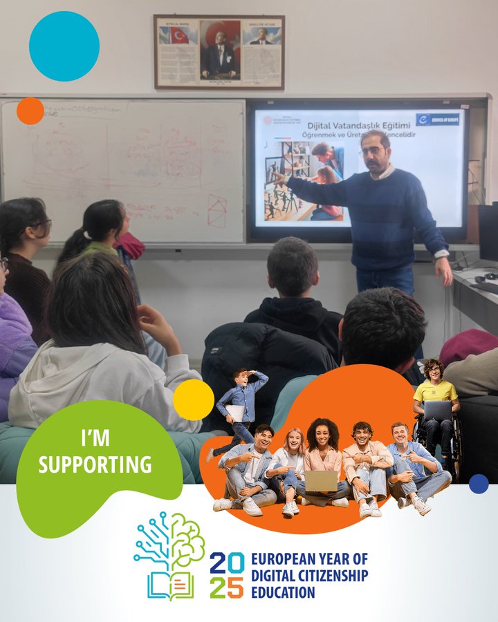 A classroom scene with a male teacher in a blue shirt standing and gesturing towards a screen displaying digital volunteering content, surrounded by seated female and male students in casual clothing like hoodies and backpacks, some taking notes on laptops. A Turkish flag hangs on the wall. Graphical overlays include orange and blue circles, text reading I am Supporting in English and Turkish, icons of a brain and book, and the phrase 2025 European Year of Digital Citizenship Education with diverse group photos of smiling young adults in various settings.