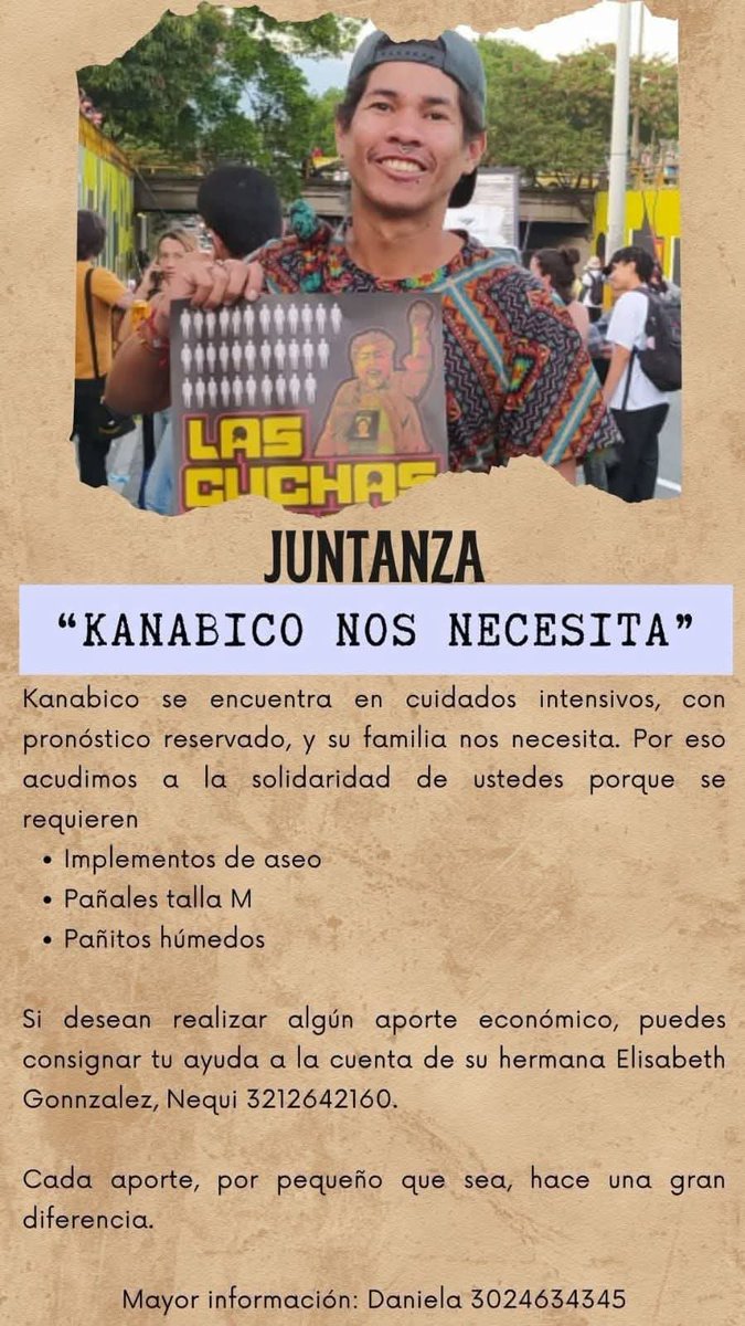 💔 Un activista de Medellín, <a href="/elANTIMILI/">Kanabico Objetor 🍁</a> , está en coma inducido y su familia necesita apoyo urgente.
Se requieren implementos de aseo, pañales talla M y pañitos húmedos.
También puedes ayudar con un aporte económico a su hermana Elisabeth González (Nequi 3212642160).

Cada
