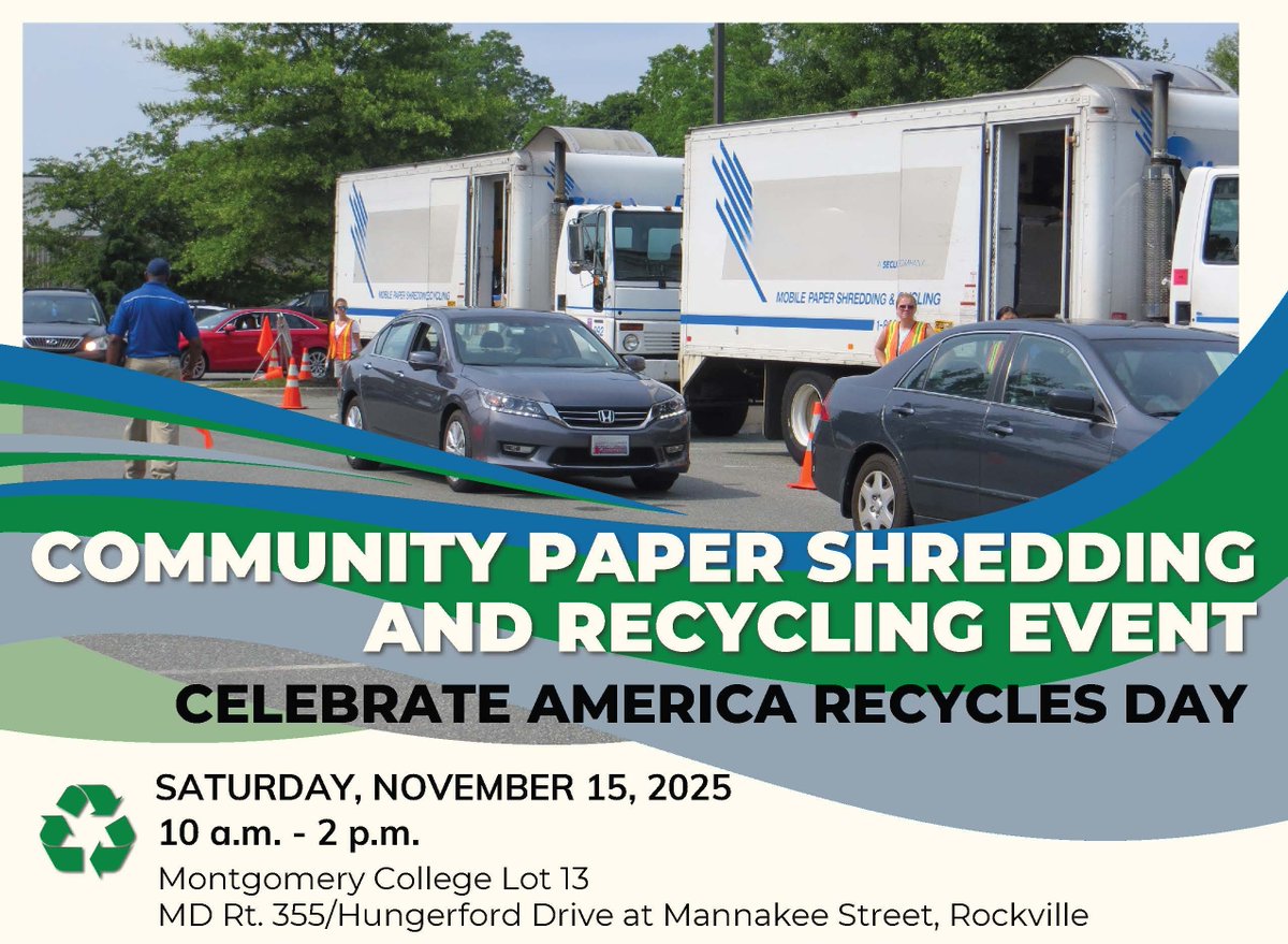 📅 Join us Sat, Nov 15 for America Recycles Day!
📄 Community Paper Shredding &amp; Recycling Event
🕑 Ends at 2 PM or when trucks fill
📌 Limit: 5 bags/boxes per car
🚗 Stay in your vehicle
🌧️ Canceled if bad weather
🔗 MontgomeryCountyMD.gov/Recycling