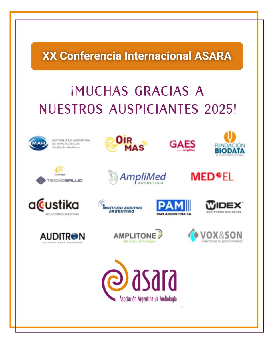 ✨ Agradecemos a nuestros auspiciantes 2025 por su apoyo y acompañamiento en nuestra XX Conferencia Internacional.

🤝 Su aporte hace posible la construcción de este espacio de formación académica de excelencia para profesionales de la Audiología.

#auspiciantesASARA