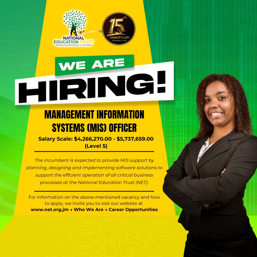 📢 We’re Hiring!

Join the National Education Trust (NET) team!
Open roles:
👩🏾‍💼 HR Officer
👨🏾‍💼 Senior HR Officer
💻 MIS Officer

Apply by Nov 10, 2025 → jobs@net.org.jm
🔗 net.org.jm/careers

#NETJamaica #CheckNETFirst #EducationMatters #MoESYI #TREND
