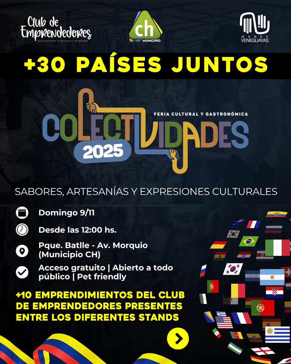 🇻🇪 VENEZUELA presente en la Feria de las Colectividades 2025, con la participación de integrantes del @clubemprendedoresuy de Manos Veneguayas 🙌🏻

🗓 Domingo 9 de noviembre – desde las 12:00 hs
📍 Parque Batlle – Av. Morquio (Municipio CH)
Acceso gratuito | Abierto a todo público