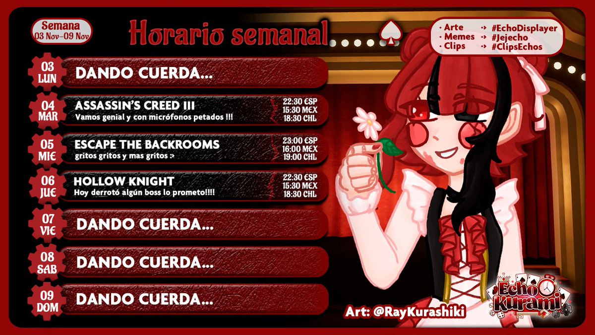 【♠️🎲Horario Semanal🗝️♥️】

General ▶︎ #EchoKurami
Clips ▶︎ #ClipsEchos
Art ▶︎ #EchoDisplayer
NSFW ▶︎ #Nudecho
Memes ▶︎ #Jejecho
Directos en ▶︎ youtube.com/@EchoKurami
Oshi Marks ▶︎ 🗝️🎲

Art:
@raykurashiki (y yo!)

#Vtuber #VtuberUprising #VtuberES