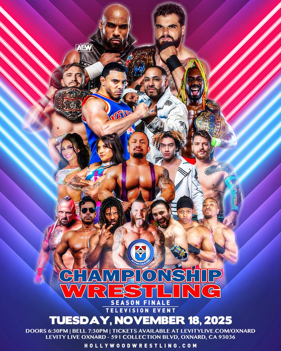 Every story ends here.
#ChampionshipWrestling returns Nov 18 @ Levity Live Oxnard for the Season Finale — Sky vs Cruz, Sparks vs Maximilien, Daniels vs G-Sharpe, 5150 vs Fly Def.
Four titles. One night.
🎟 ticketweb.com/event/champion…