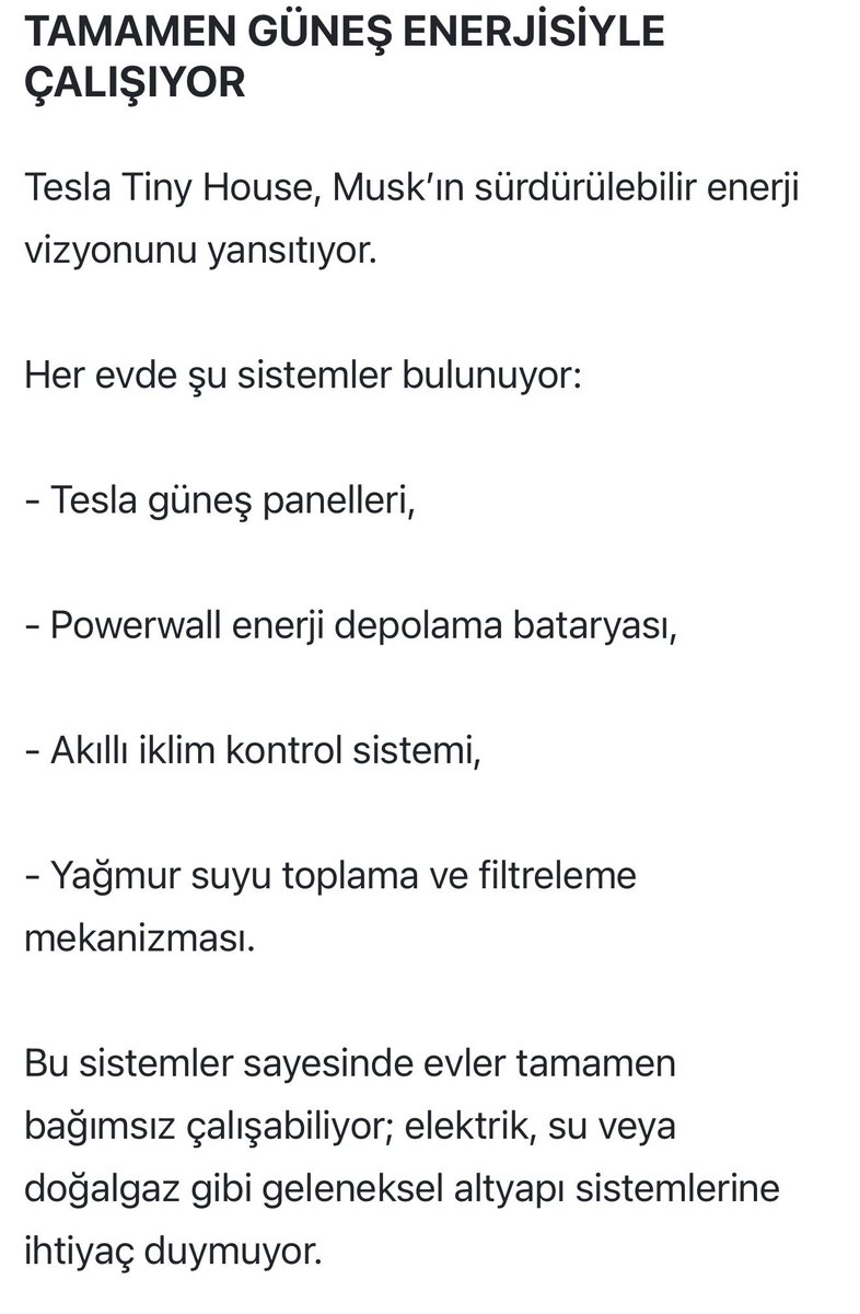 📌📌 ÇILGIN PROJE 

Musk’ın açıklamasına göre proje 2026’da satışa çıkacak. 76 metrekarelik bu modüler evlerin fiyatı ise 7.789 dolar (yaklaşık 327 bin TL) olacak.
Evler önceden üretilmiş modüller şeklinde gönderiliyor ve klasik inşaat sürecine gerek kalmadan kısa sürede monte
